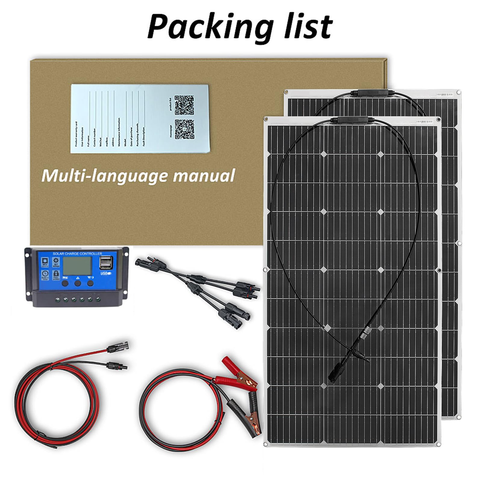 200W 12V Kit Panel Solar Flexible 2x100W 18V Placa Solar y 20A Controlador de Cargador para Baterías 12V/24V, Autocaravana, Caravana,Barco, Yate, Automóvil