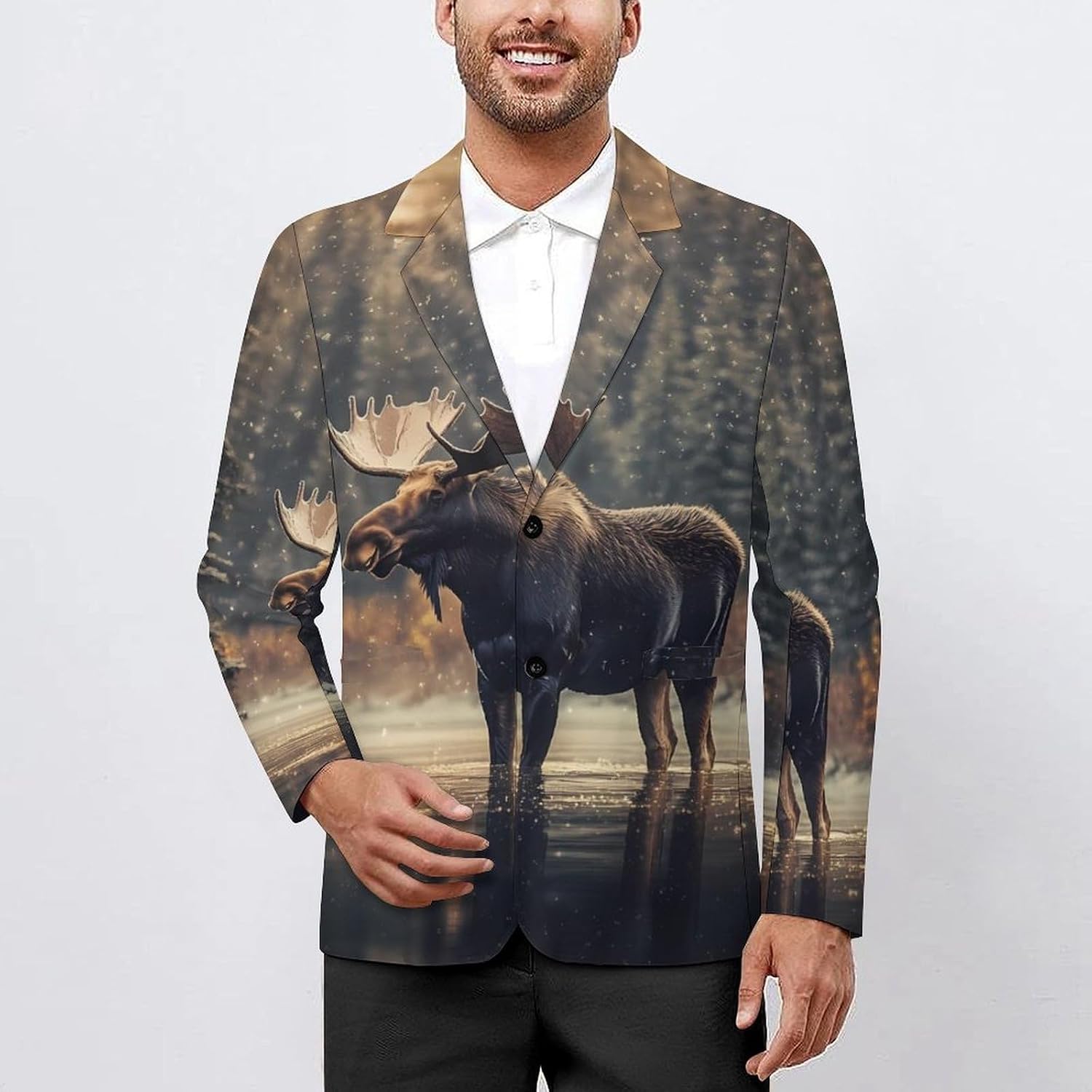 Moose Winter Wildlife Deer Mens Blazer Lightweight Sport Coat Two Button Suit Jackets
