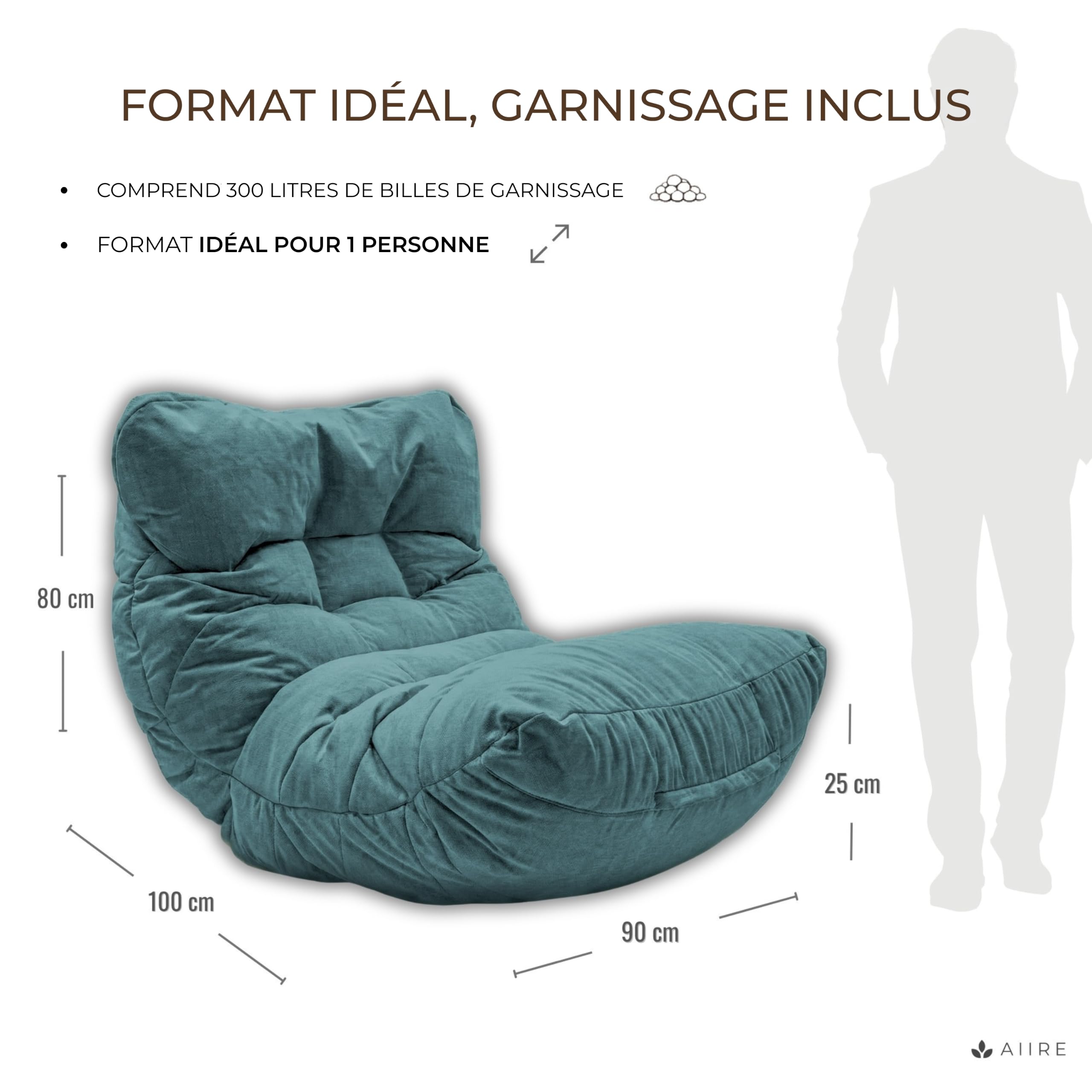 Aiire Fauteuil Pouf Salon Moderne - Pouffe Géant XXL Interieur Adulte ou Ado avec Remplissage pour Décoration de la Chambre – Gros Bean Bag ou Coussin de Sol Vert