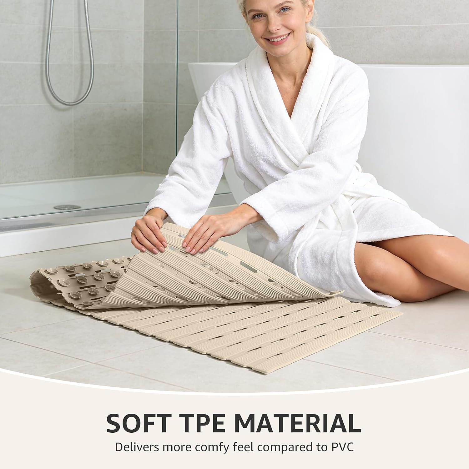 OTHWAY Non Slip Shower Mat, 36.6" x 16.9" Non Slip Shower Mats for Inside Shower, Shower Anti Slip Mat with Suction Cups, Easy to Cut Shower Floor Mat, Machine Washable Bathtub Mats, Light Brown - Image 3