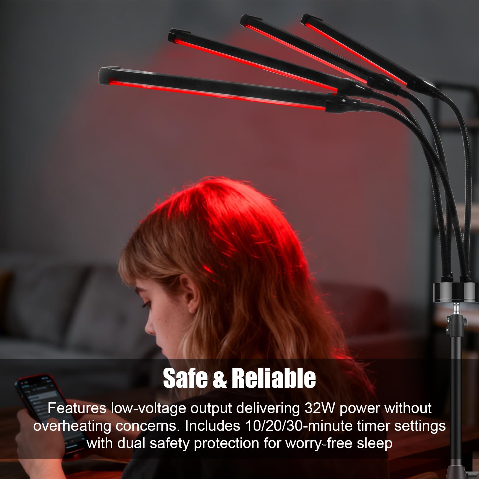 Rotlichtlampe mit Ständer, Infrarotlampe mit 660nm 850nm, 4 LED-Köpfe, 5 Helligkeitsstufen & Timer, freihändige Rotlicht Anwendung für Rücken, Nacken, Schulter & Beine