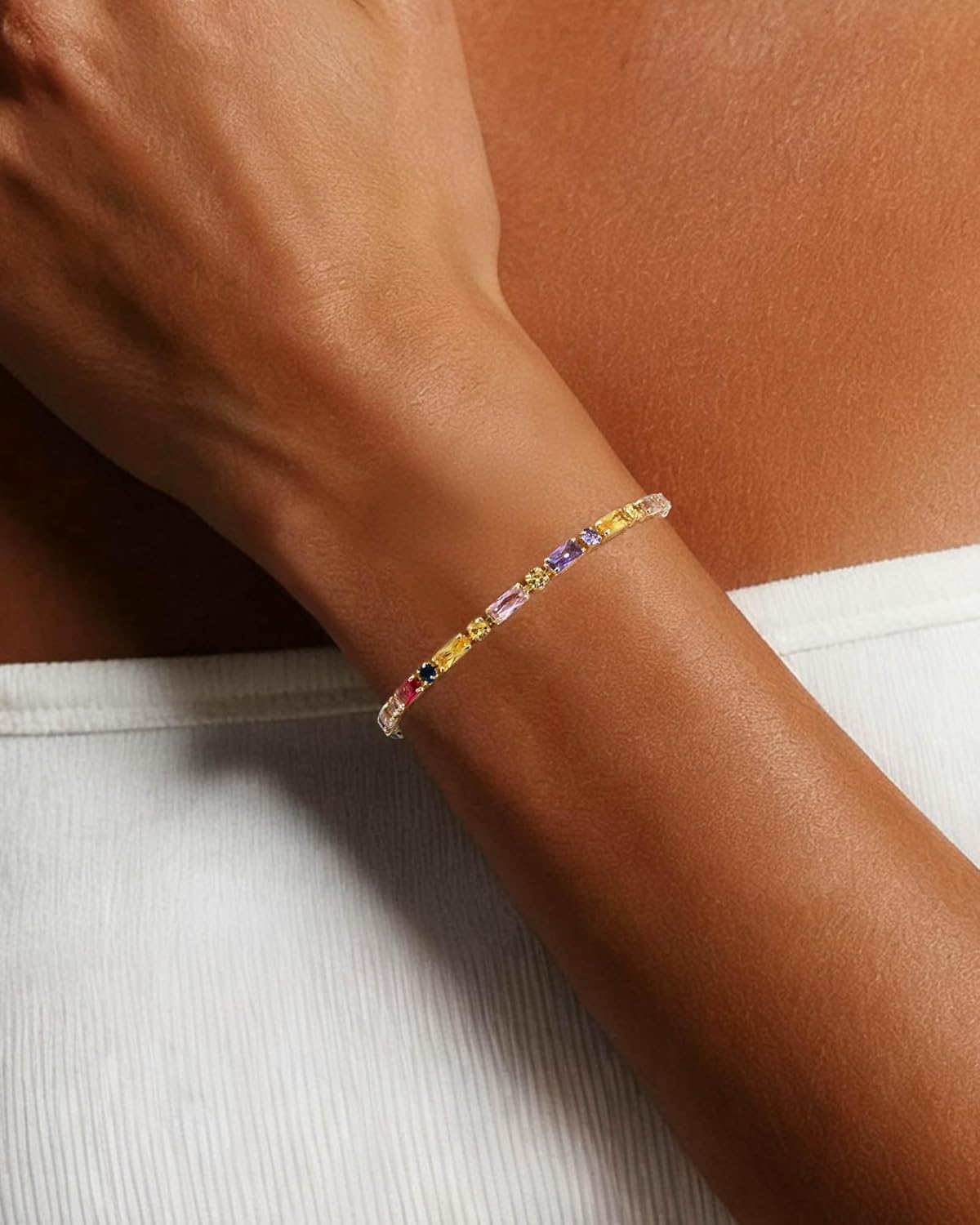 14K Gold Rainbow Tennis Bracelet Colorful Chain Crystal Link Bracelet for Women 6.5'' - Image 2