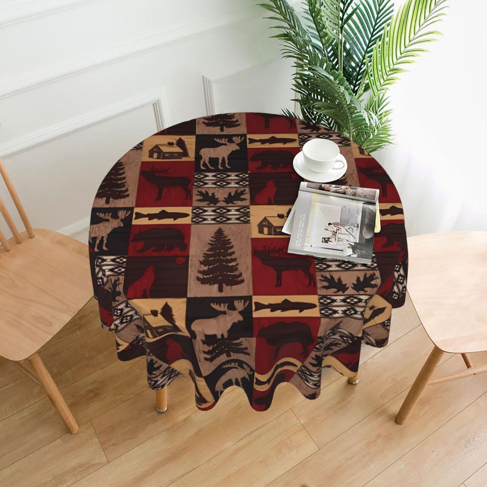 WHJSHOP Lodge Bear Deer Fish Prints Round Decorative Throw – 60in Stylish Table Cover for Dining, Parties & Outdoor Events