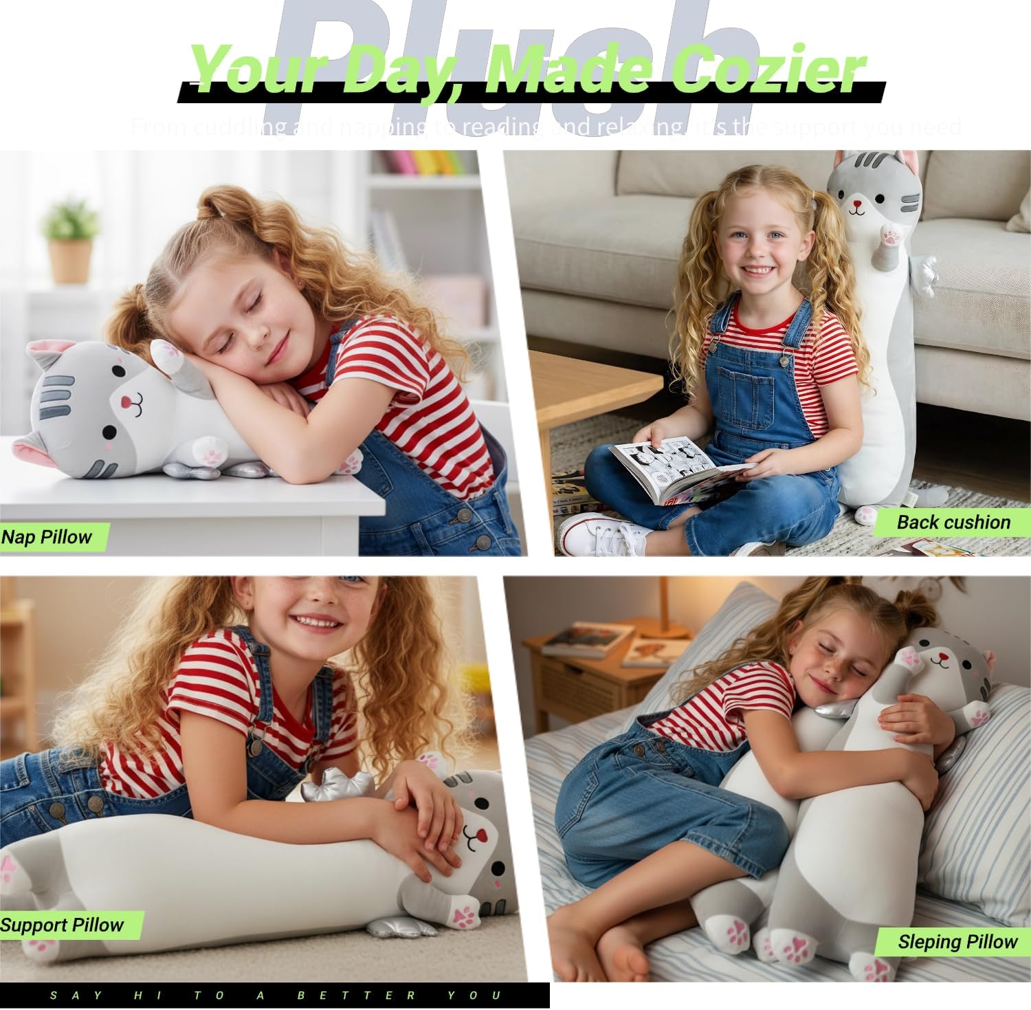 Long Cat Plush Pillow, Cute Cat Stuffed Animal Body Pillow with Wings, Soft Kawaii Kitty Hugging Pillow, Christmas Valentine's Birthday Gift for Kids Girls Boys (Gray, 60cm/23.62in) - Image 8