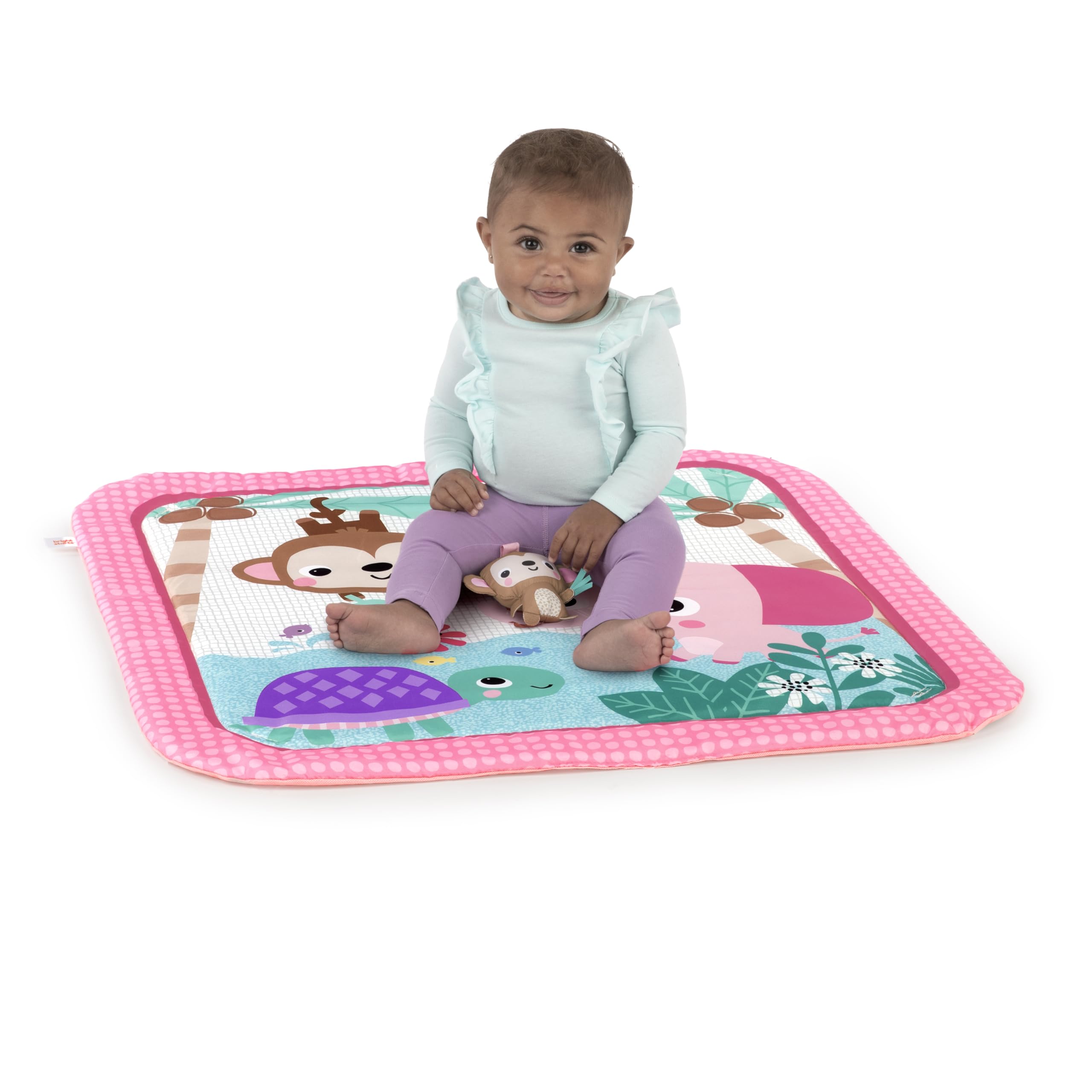 Bright Starts Kwiatowy Safari Baby Activity Gym Można prać w pralce mata do zabawy z 4 zabawkami, noworodek i więcej - różowy i fioletowy, 80 x 80 x 45 cm