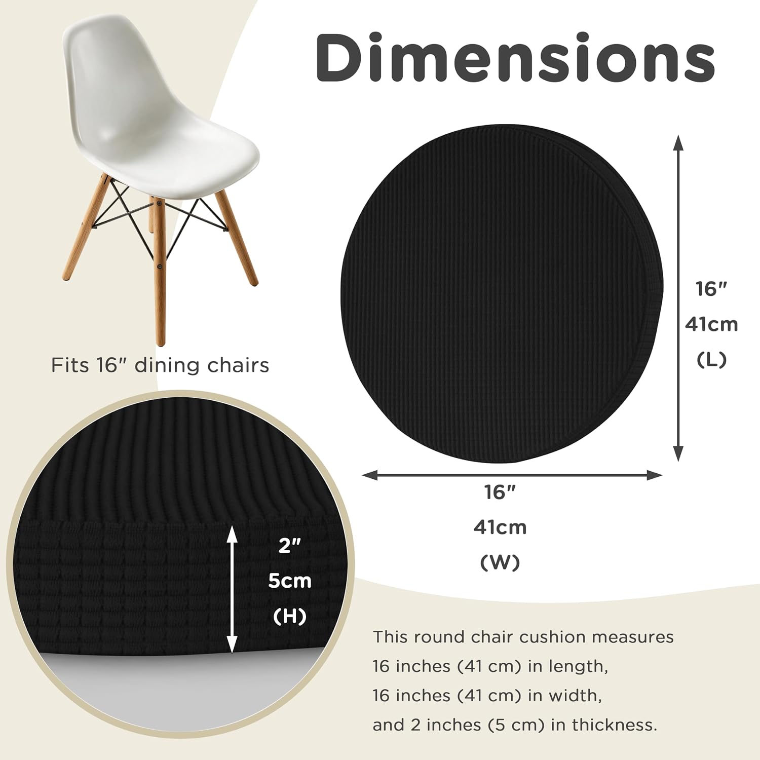 AddGrace Round Chair Cushions for Dining Chairs 2 Pack 16"x16" Black