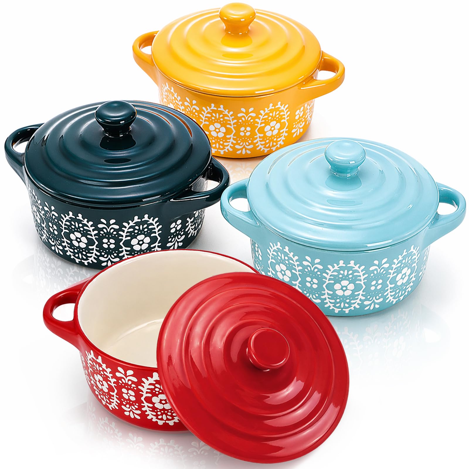 Photo 1 of ***PARTIAL SET/ ONLY 3*** Goaste 4 Pack Porcelain Ramekins with Lids, 7 OZ Mini Casserole Dish with Handles, Round Ceramic Cocotte Bowl Set, Individual Small Baking Dish for Souffle, Creme Brulee, Lava Cake, Soup (4 Colors)