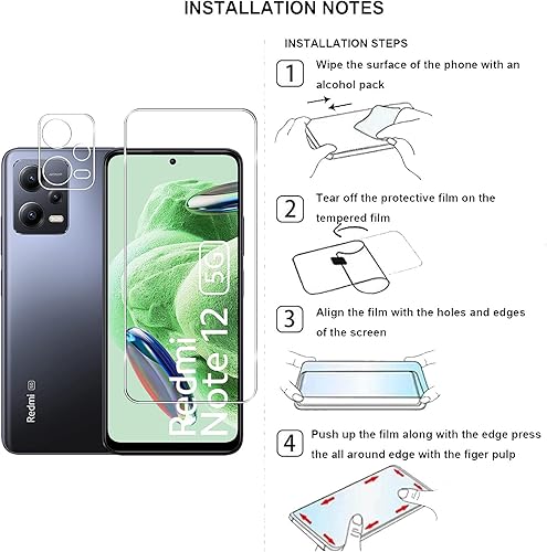 Miniatura 7 de [3+3] Paquete de 3 protectores de pantalla de vidrio templado para Xiaomi Redmi Note12 5G con 3 protectores de lente de cámara, transparente HD,