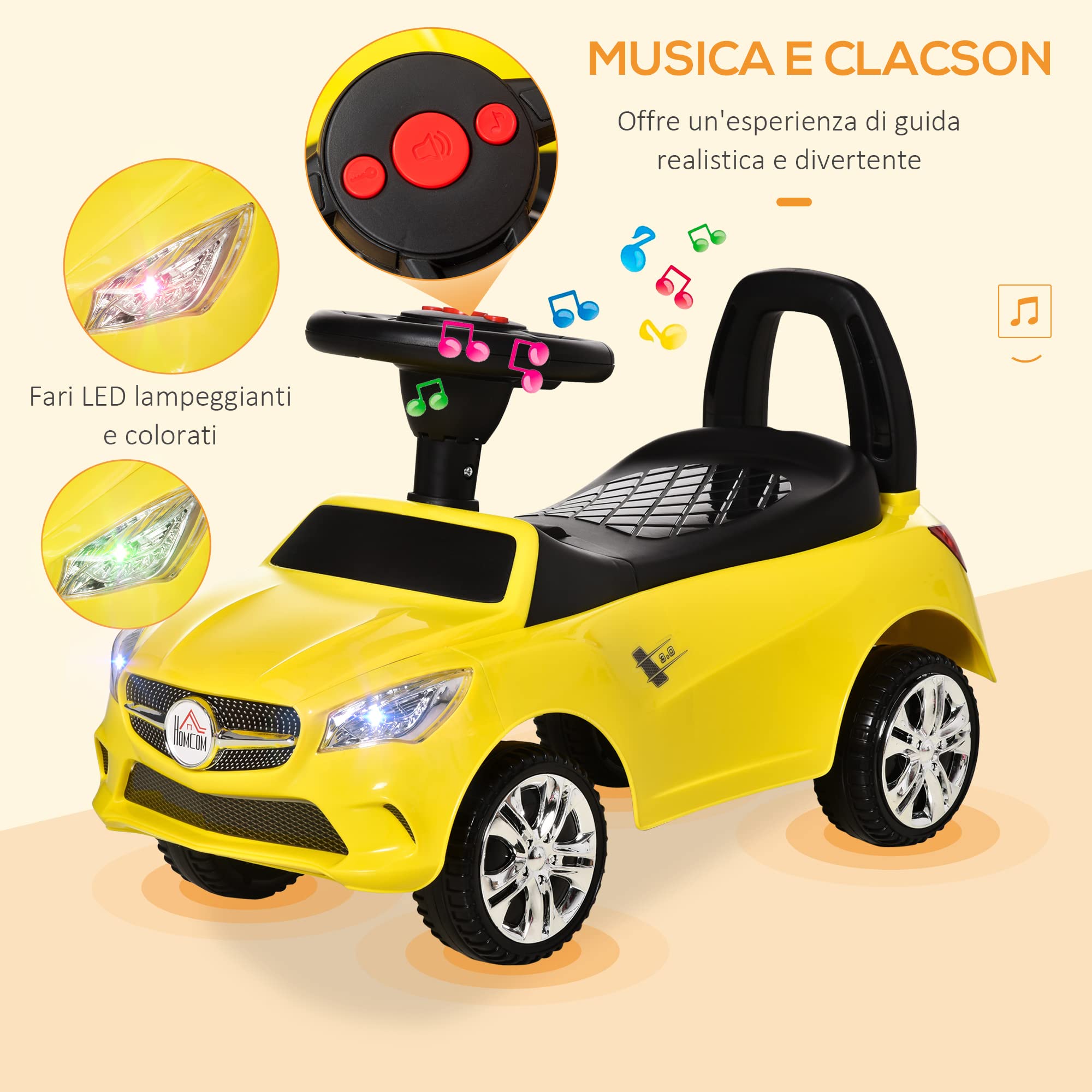 HOMCOM Macchinina per Bambini Cavalcabile con Volante, Fari e Musiche Integrate, Macchina per Bambini in PP e Metallo, 63.5x28x36 cm, Giallo