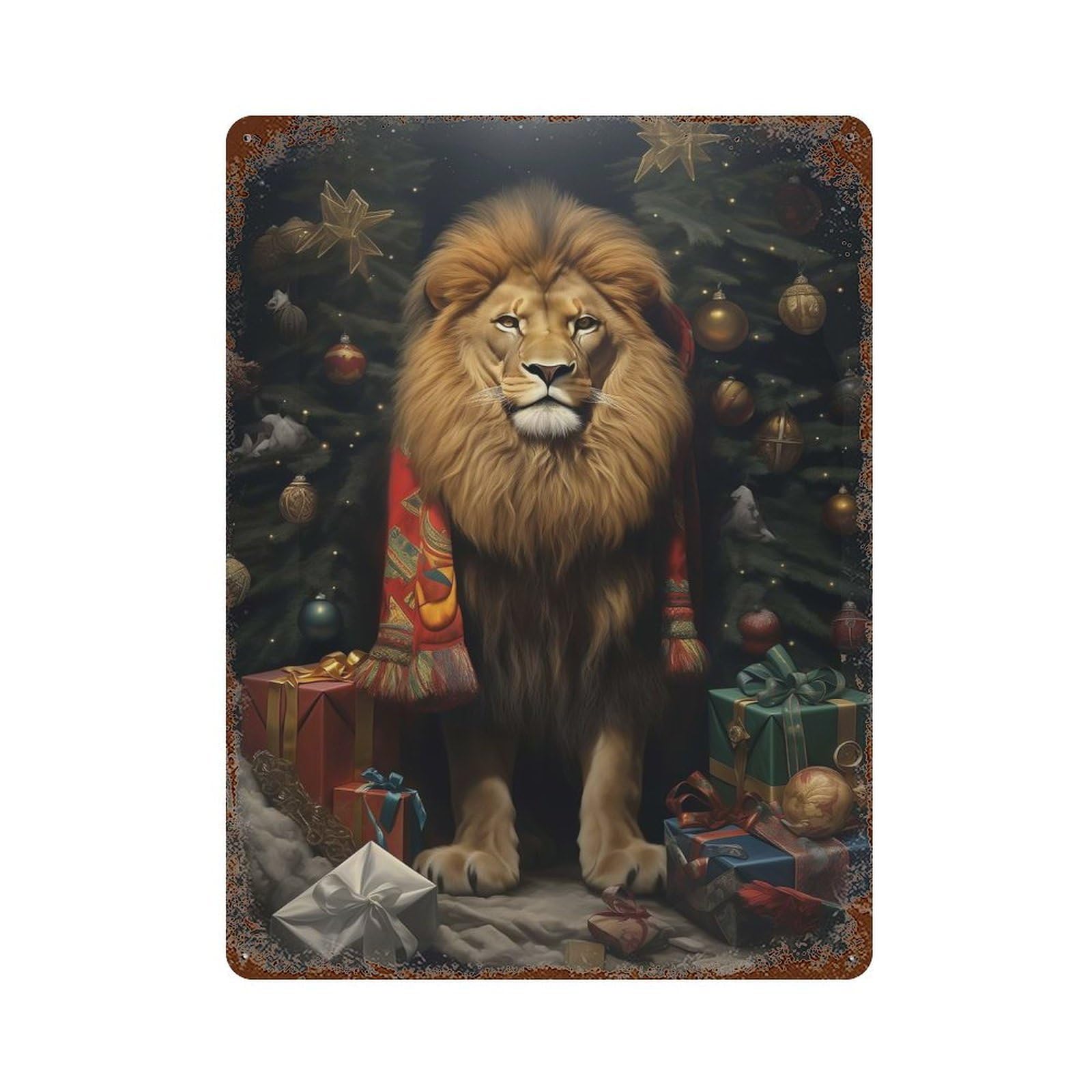 Garage Style Lion Xmas Sweet Rust Effect Tin Sign 15.7"x11.8", Industrial Home Decor for Bar And Workshop