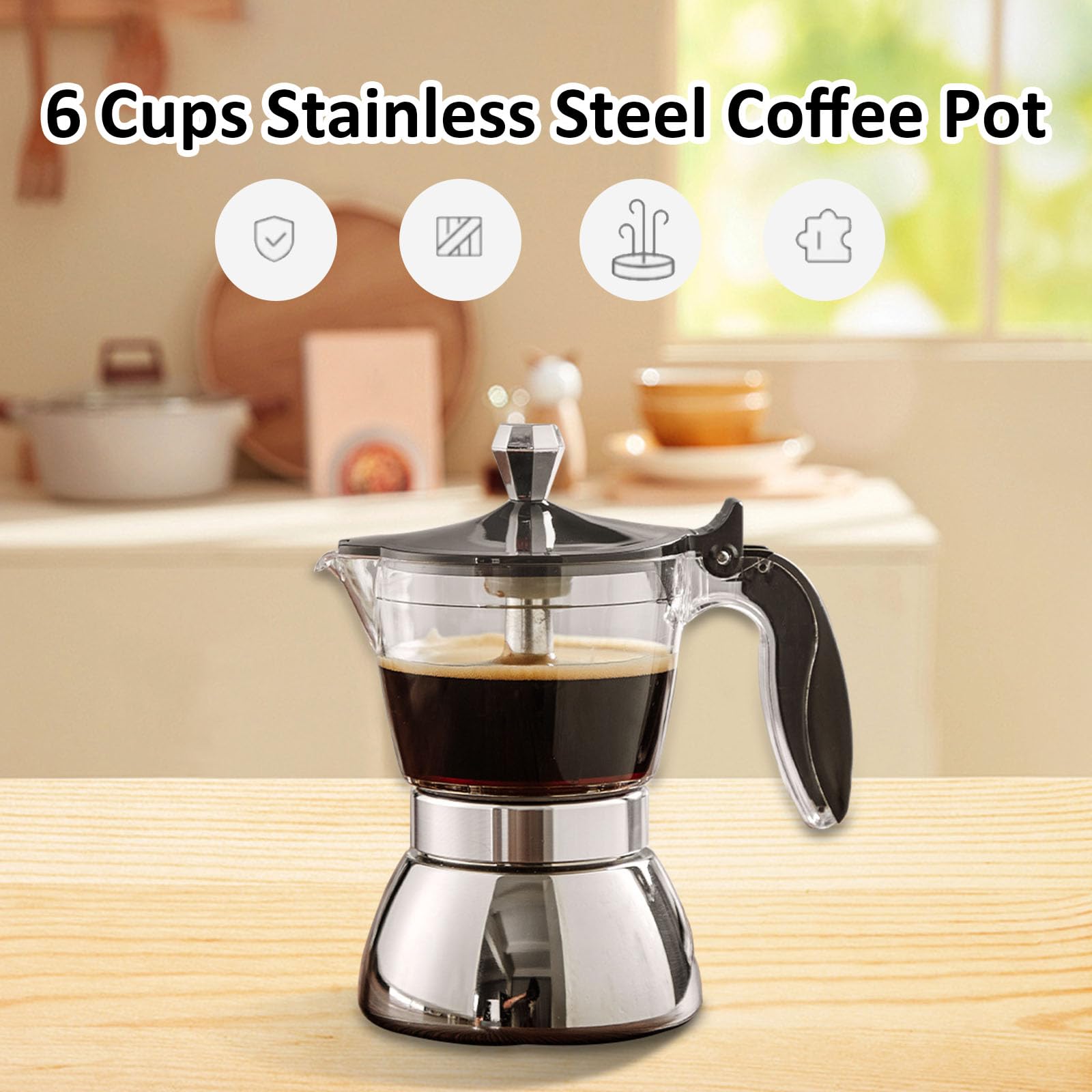OUKENS Espressokocher, 300 ml 6 Tassen Edelstahl-Kaffeekanne, Italienischen Kaffee, Moka-Kanne Kaffeekanne, Italienische achteckige Kaffeebereiter für den Haushalt
