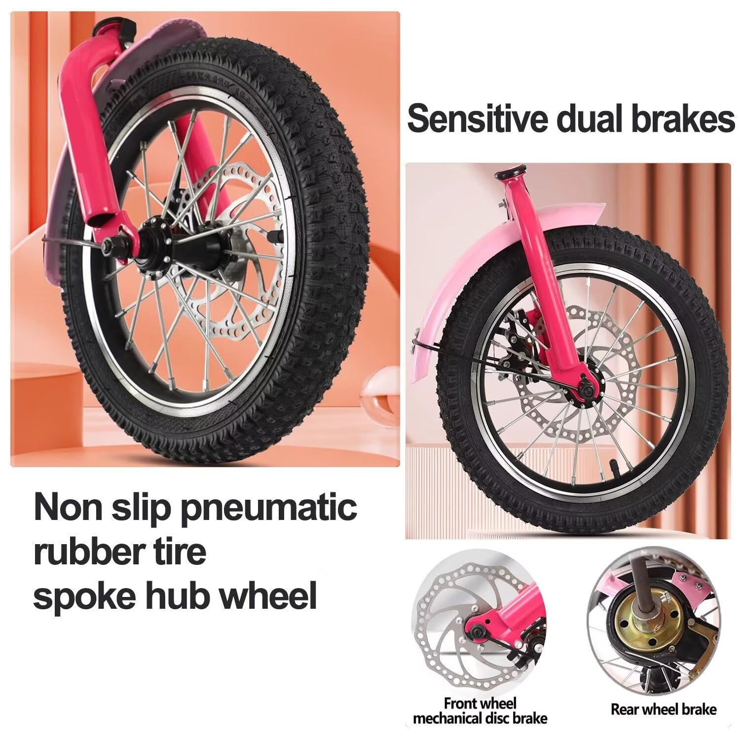 Bicicletta a tre ruote Triciclo pieghevole con sedile posteriore, doppi freni, pneumatici multicolori da 14-18 pollici(Pink,16inch)