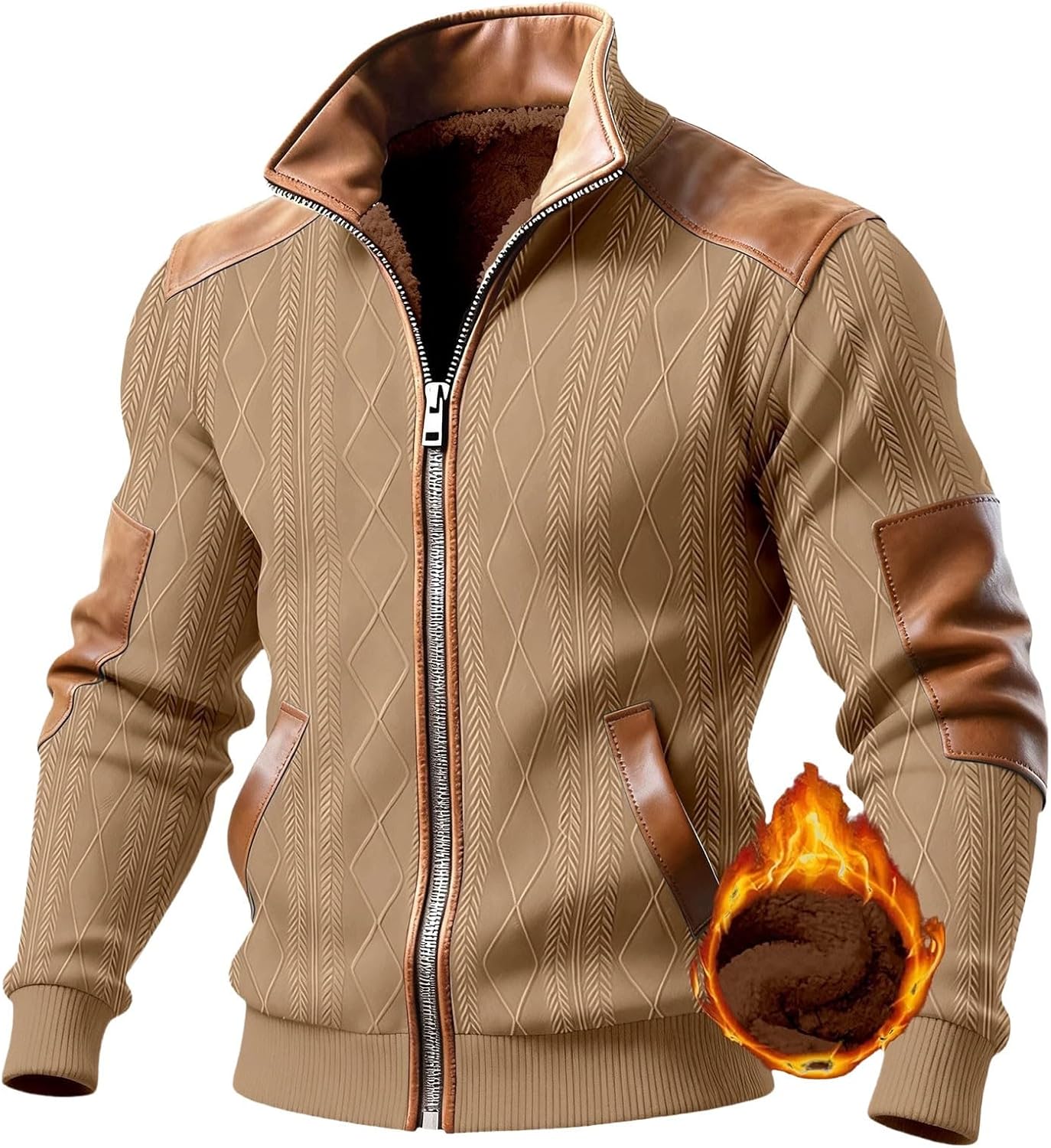 Sherpa Lined Jacket Men Vintage Textured Patchwork Jacket Full Zip Long Sleeve Sweatshirt Western Cowboy Winter Coat