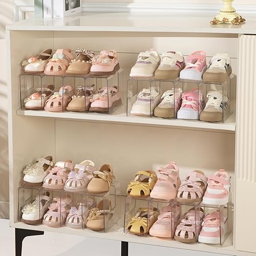 Miniatura 6 de Paquete de 2 zapateros de acrílico transparente para niños para organizadores y almacenamiento, pequeño zapatero transparente de 4 secciones para