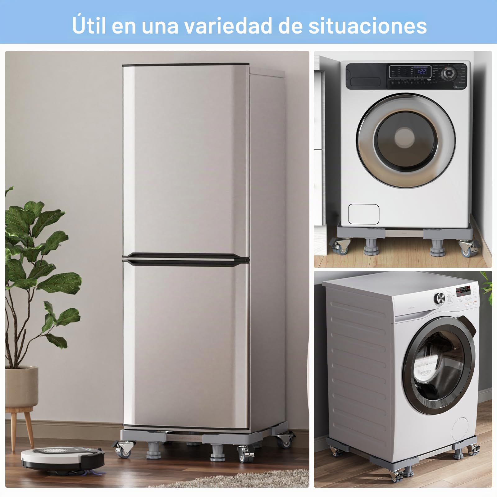 Base Lavadora con 4 Patas y 8 Ruedas con Bloqueo, Pedestales Móviles para Lavadora, Secadora, Frigorífico Capacidad De Carga 500 Kg(Gris, Ajustable: 45,5 – 70 cm)