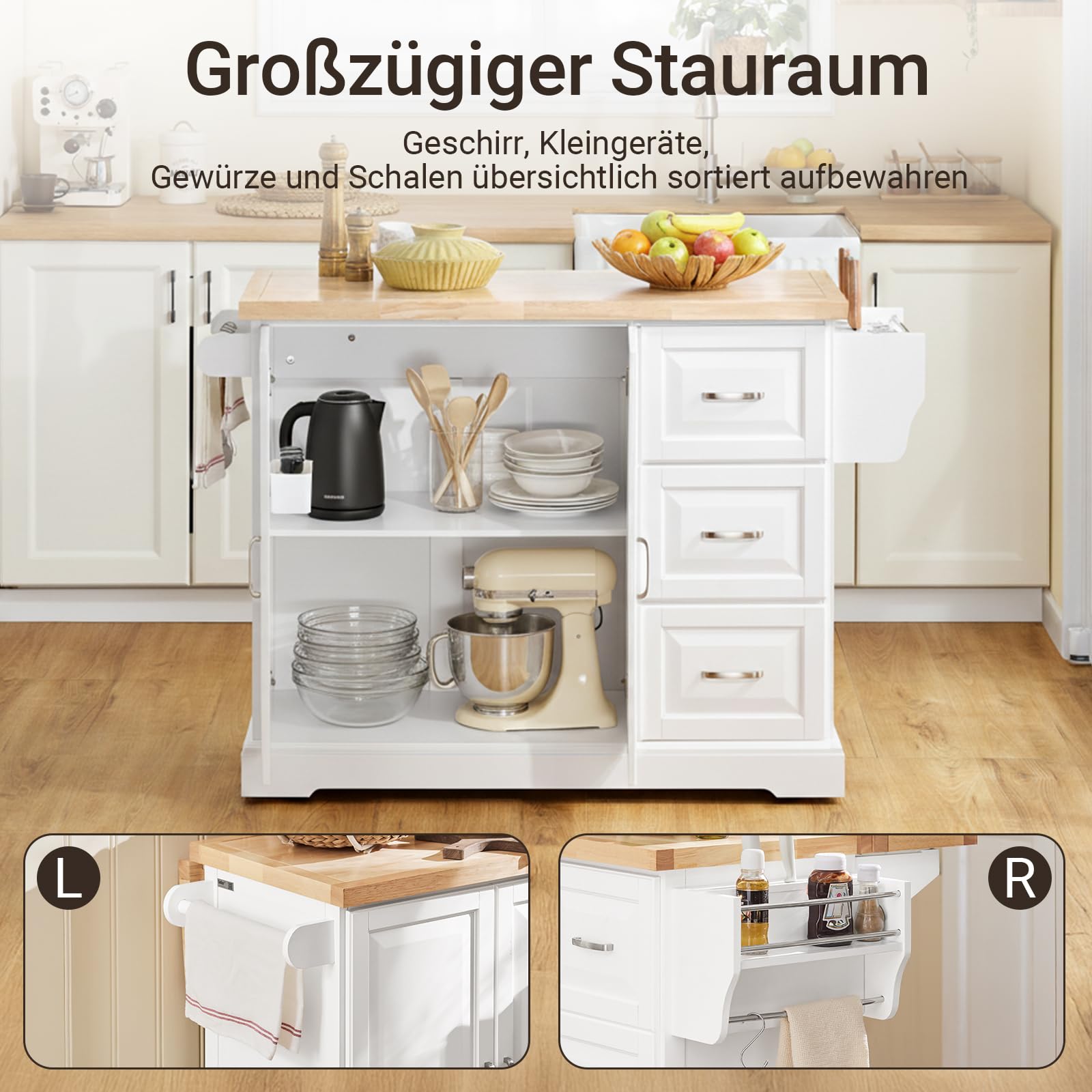 SoBuy Kücheninsel mit Rollen, mobiler Küchenwagen mit ausklappbarer Massivholz-Arbeitsplatte und 3 Schubladen, mobiler Küchenschrank für kleine Küchen und Familien, Weiß, 130x91x(46-71) cm FKW41-II-WN
