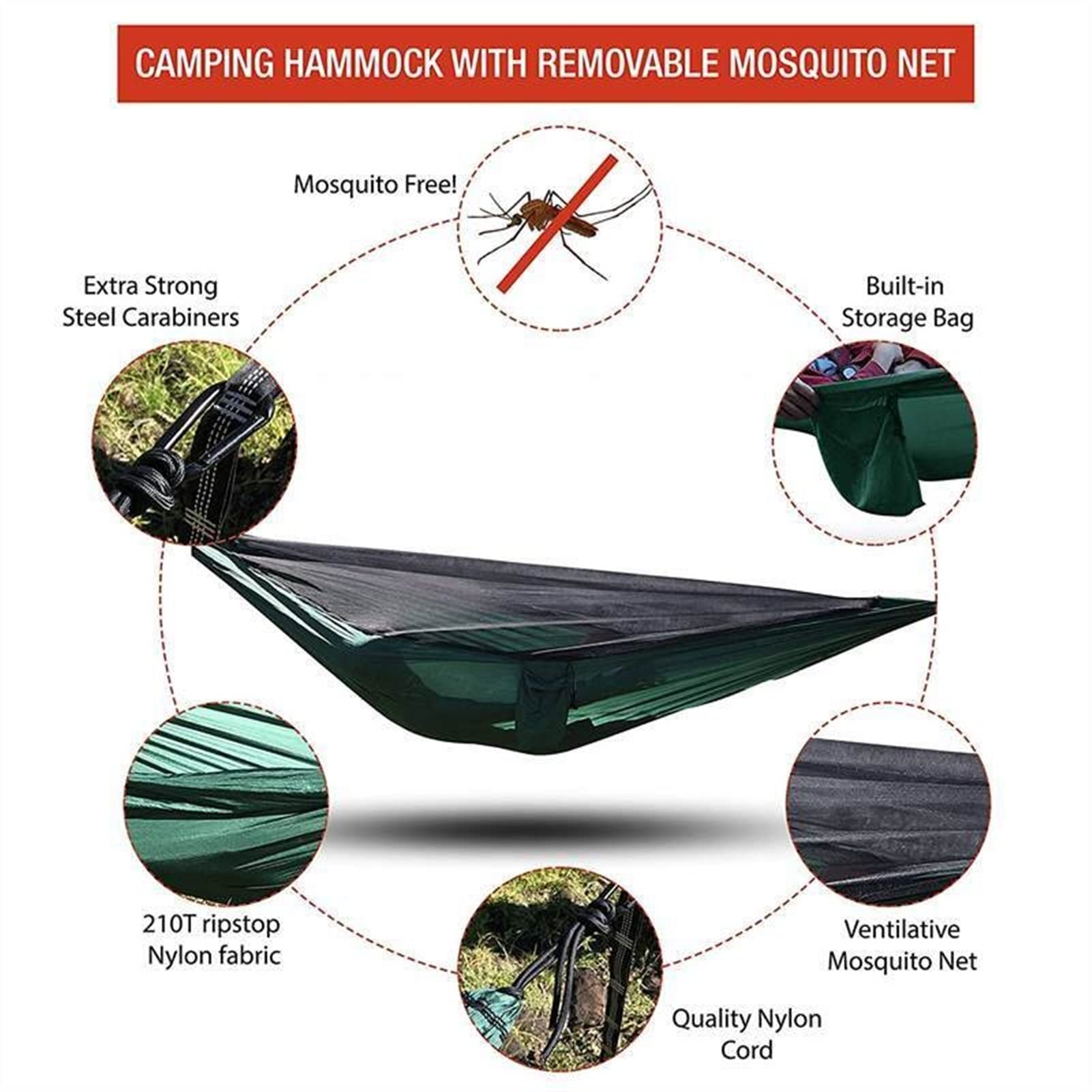 Amaca portatile da campeggio con rete, 290 x 140 cm, in tessuto paracadute, ideale per giardino, viaggi e relax, leggera e resistente