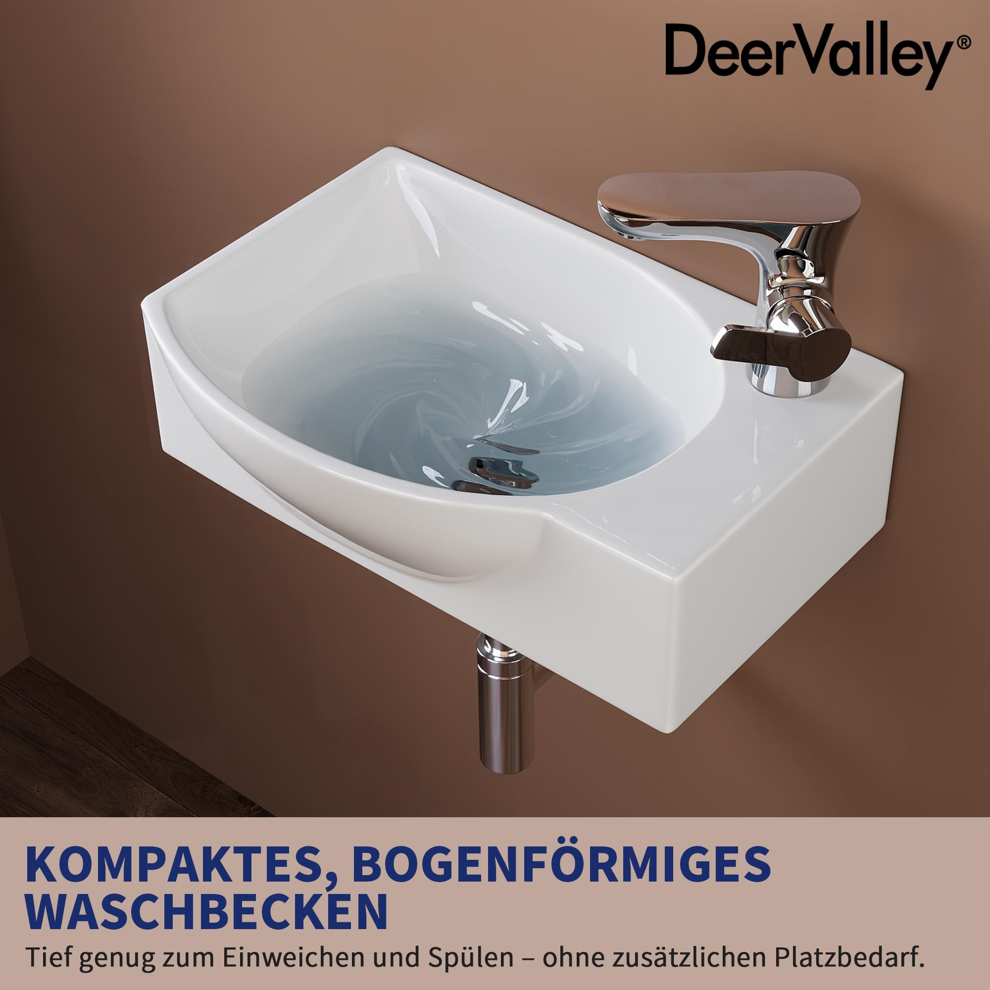 DeerValley Ceramiczna umywalka łazienkowa, montowana na ścianie, z otworem przelewowym i otworem na kran, 40 x 28 x 14,5 cm (biała, lewa)