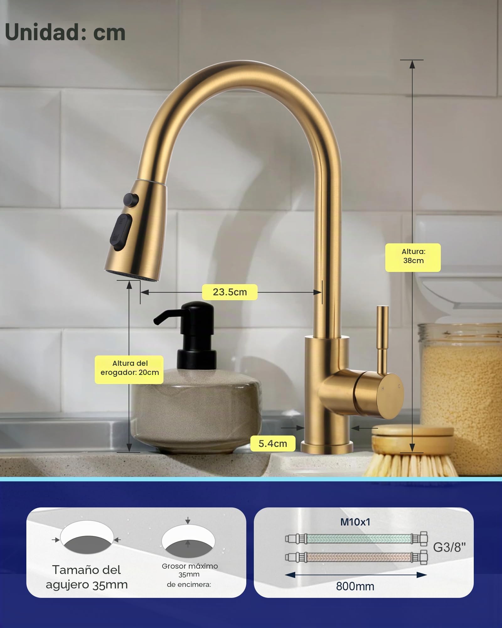 ARCORA Grifo Cocina Extraíble 360° Giratorio, Grifo Monomando Acero Inoxidable con 3 Modos de Chorro, Cartucho de Cerámica, para Fregaderos Profundos de Cocina, Dorado