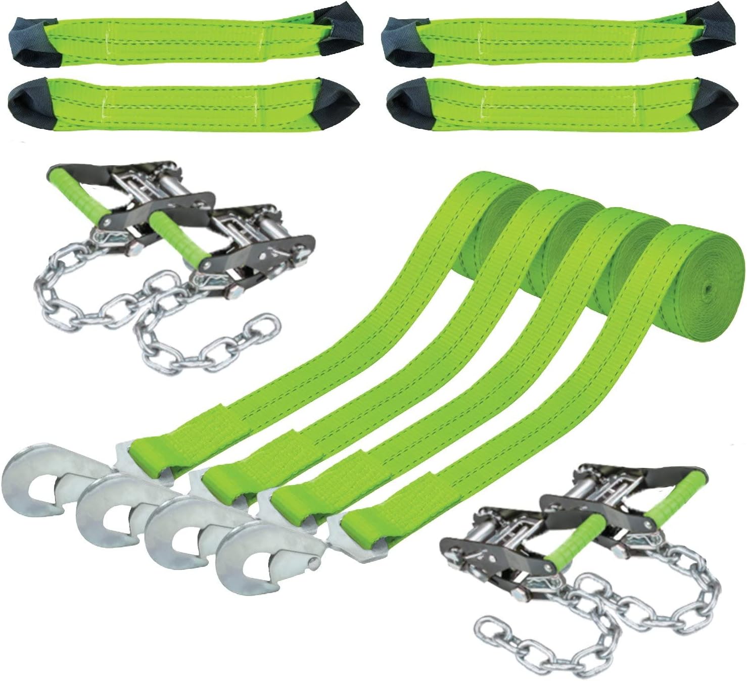 8-Point Vehicle Tie Down Kit with Snap Hook on Strap Ends and Chain Tail on Ratchet Ends - Set of 4 - Reflective High-Viz