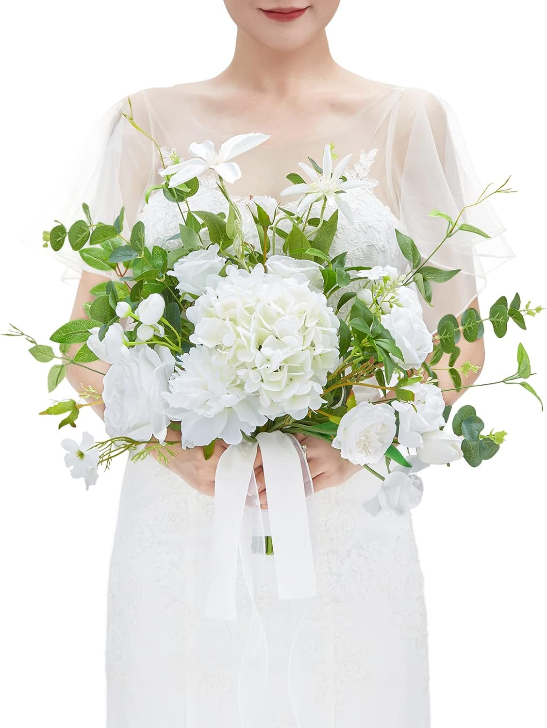 TINGE TIME 15 Inch Frost White Artificial Wedding Bouquets for Bride, Cascading Bouquet Wedding Bride Holding Flowers for Wedding Ceremony Anniversary, Bridal Shower and Party Virginal White