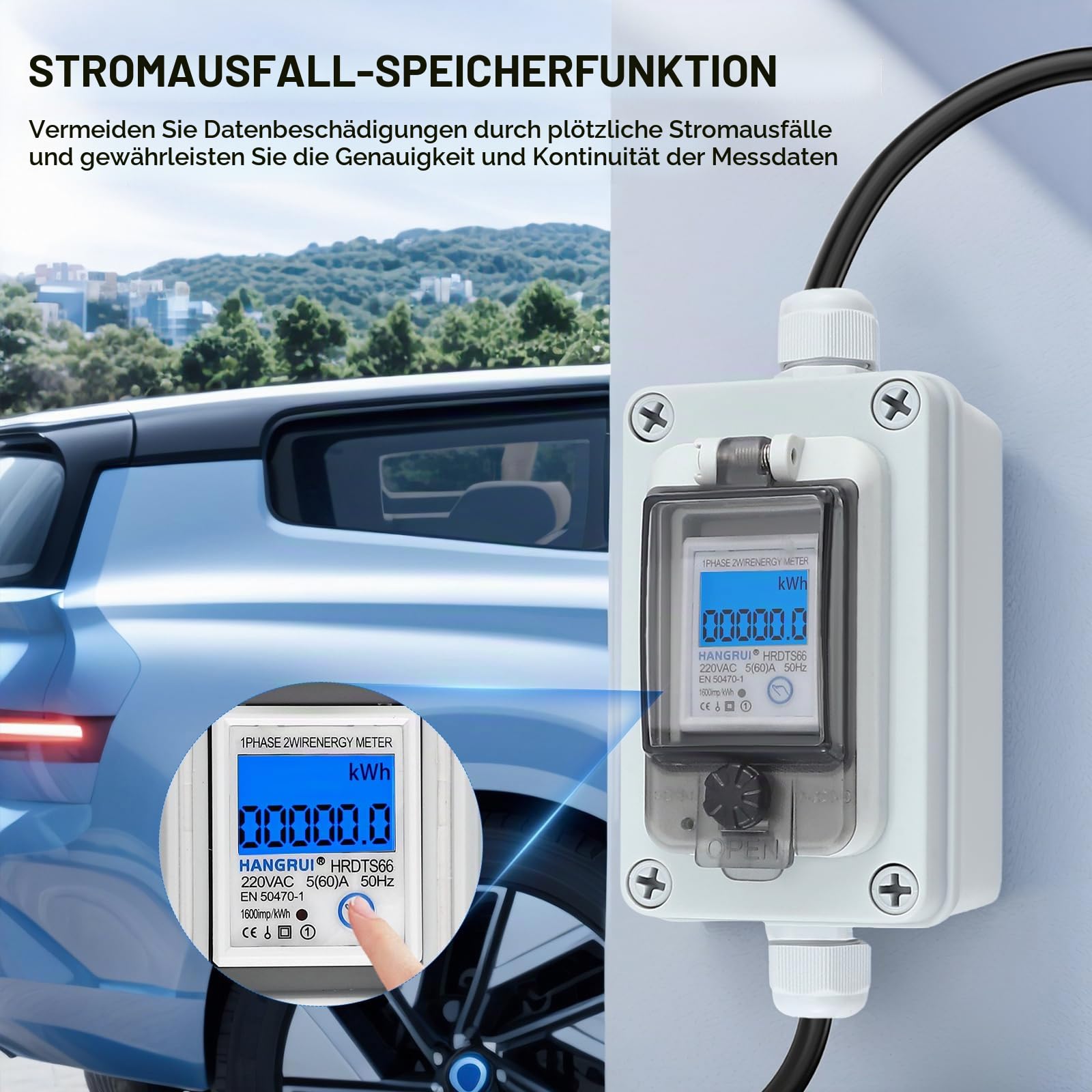 Mobiler Stromzähler Steckdose IP67 Wasserdicht, 16A CEE Zwischenzähler mit KWH-Anzeige, Stromzähler Auslesen per Display für Camping, Wohnmobil & Elektroauto, 3m Gummikabel