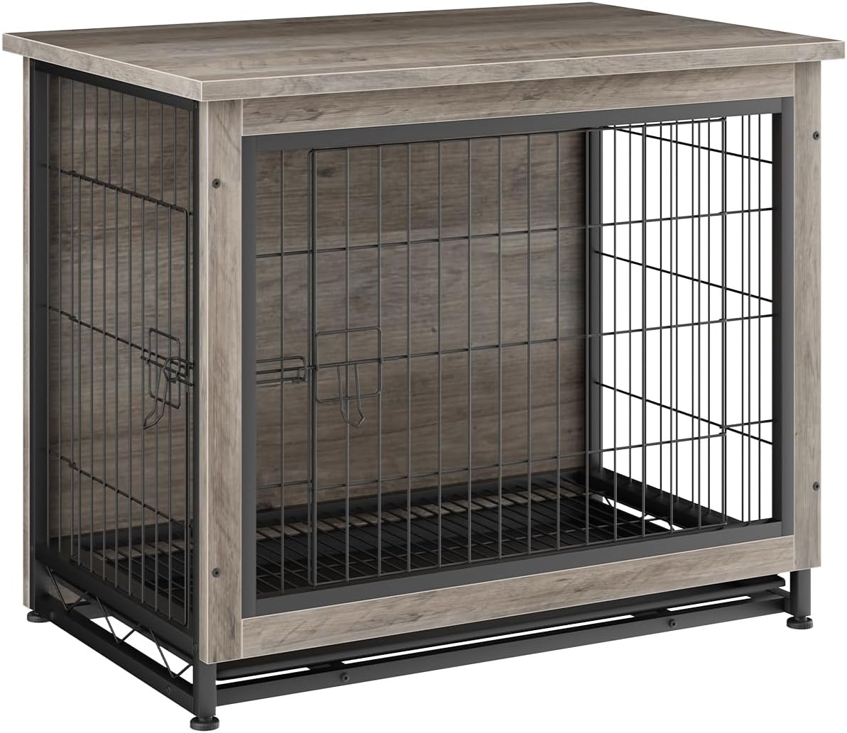 JY QAQA Dog Crate Furniture, Wooden Dog Crate Table, Double-Doors Dog Furniture, Indoor Kennel, Dog Cage/Grey/S