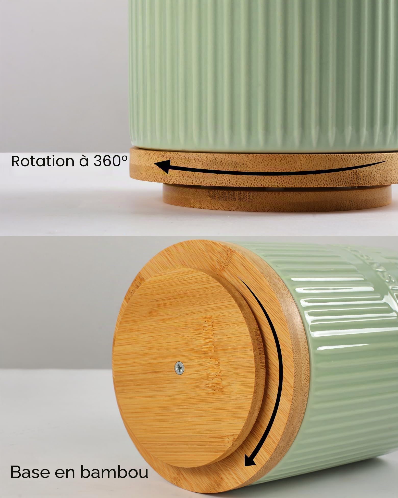 Porte-ustensiles rotatif à 360°, grand organiseur de cuisine en céramique de 19,5 cm avec base en bambou, stable, décoration de cuisine de style fermière, vert