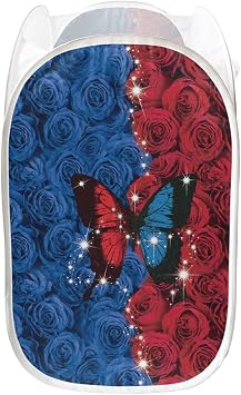 Bright Blue and Red Roses Butterfly Mesh Pop-Up Hamper,Portable and Collapsible Laundry Dirty Clothes Basket Storage Bin with Extra Side Pocket and Handles,61L,85L