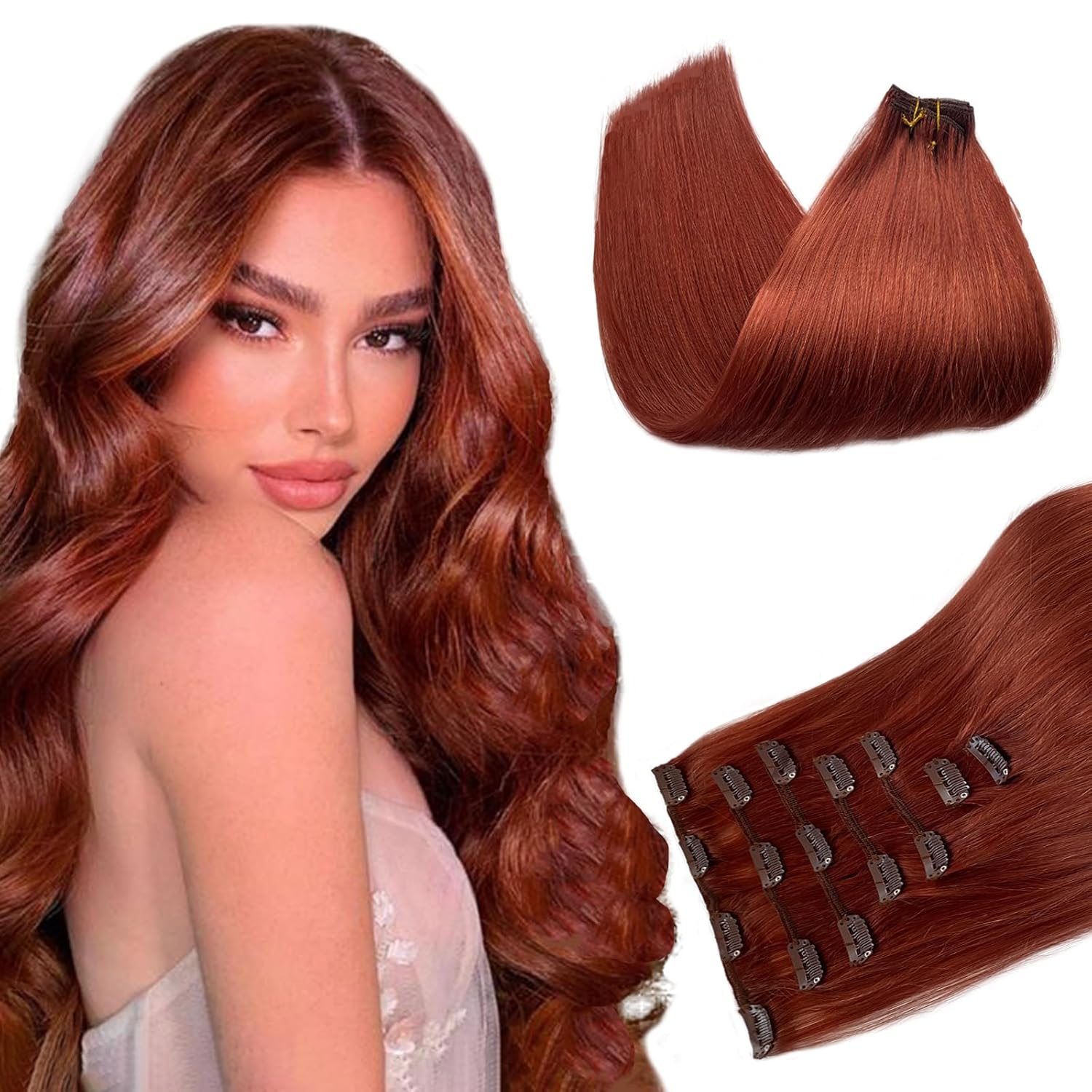 Belaved Clip in Hair Extensions Auburn 7Pcs 70G Real Human Hair Extensions Clip in 12 Inch #135