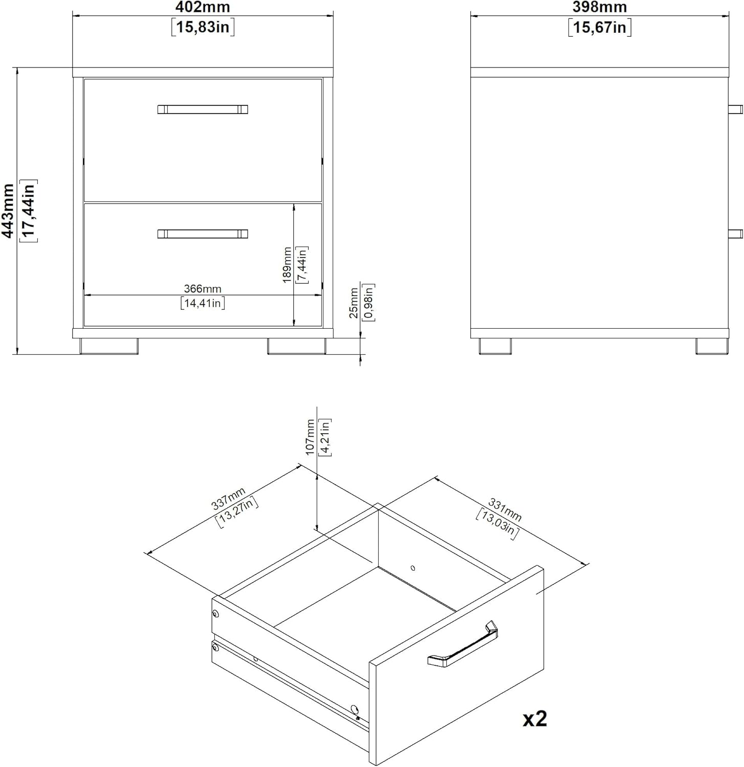 Tvilum Sofia 2-Drawer Bedroom Nightstand in White, 15.8" W x 15.6" D x 17.4" H