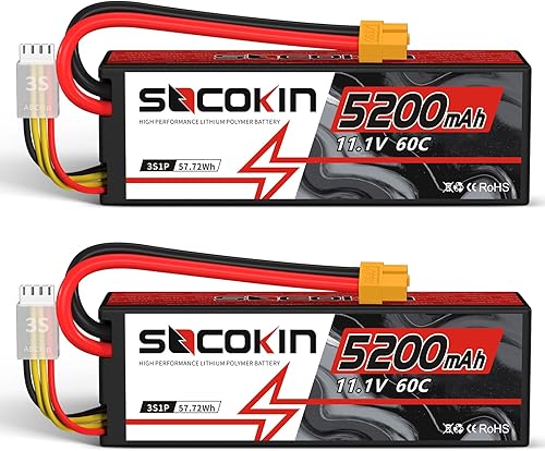 SOCOKIN Batería Lipo de 11.1 V 3S 5200mAh 60C con estuche rígido XT60 enchufe para modelo de coche RC, coche de carreras a control remoto,