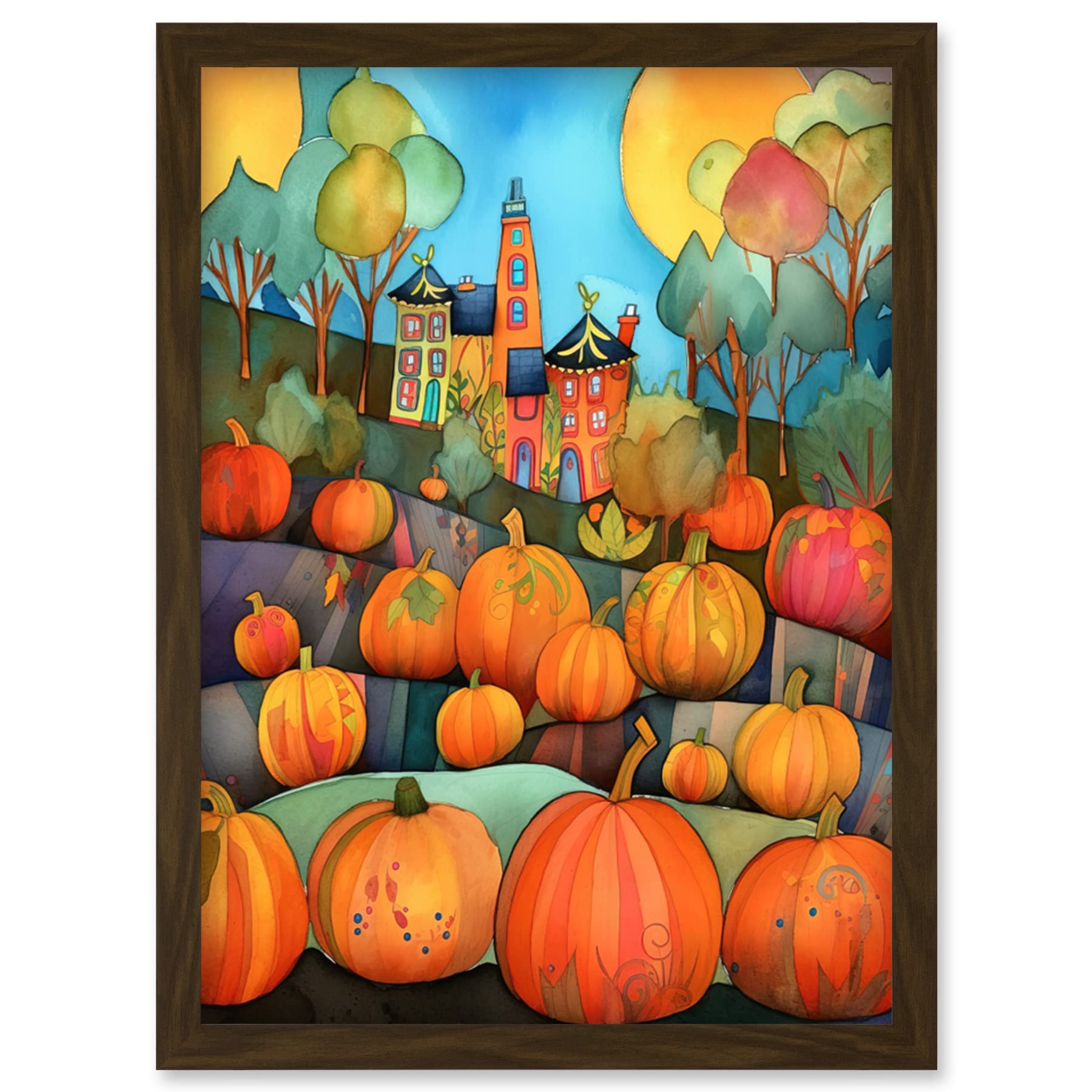 Artery8 Farm House Halloween Pumpkin Patch Modern Folk Art Watercolour Painting Artwork Framed Wall Art Print A4