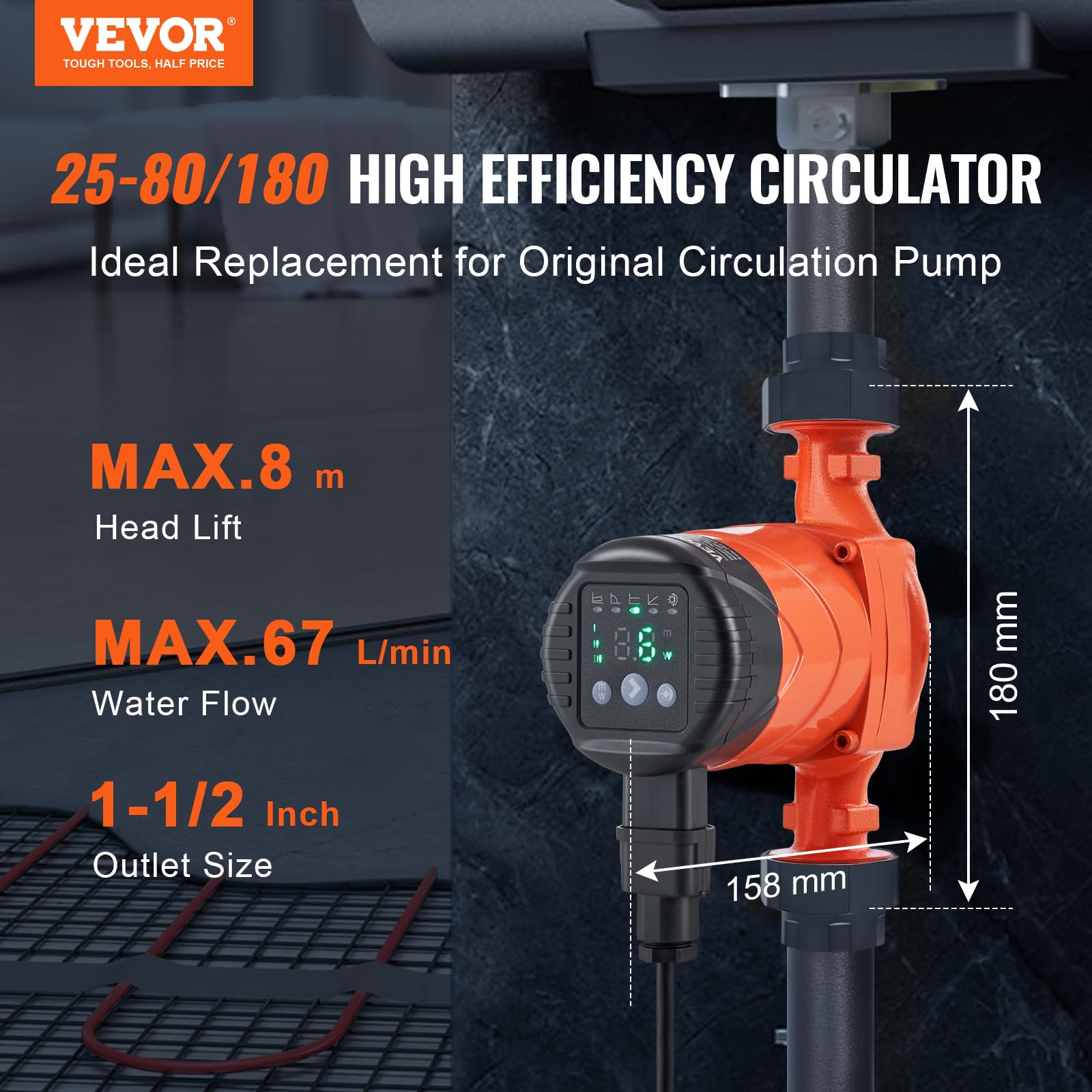 VEVOR Pompa di Circolazione per Acqua Calda, LPS25-8BP-180, Pompa di Riscaldamento, 67 L/min Pompa dell'acqua automatica ECM, 220 V 60 W Altezza di Scarico 8 m per Impianto di Riscaldamento dell'Acqua