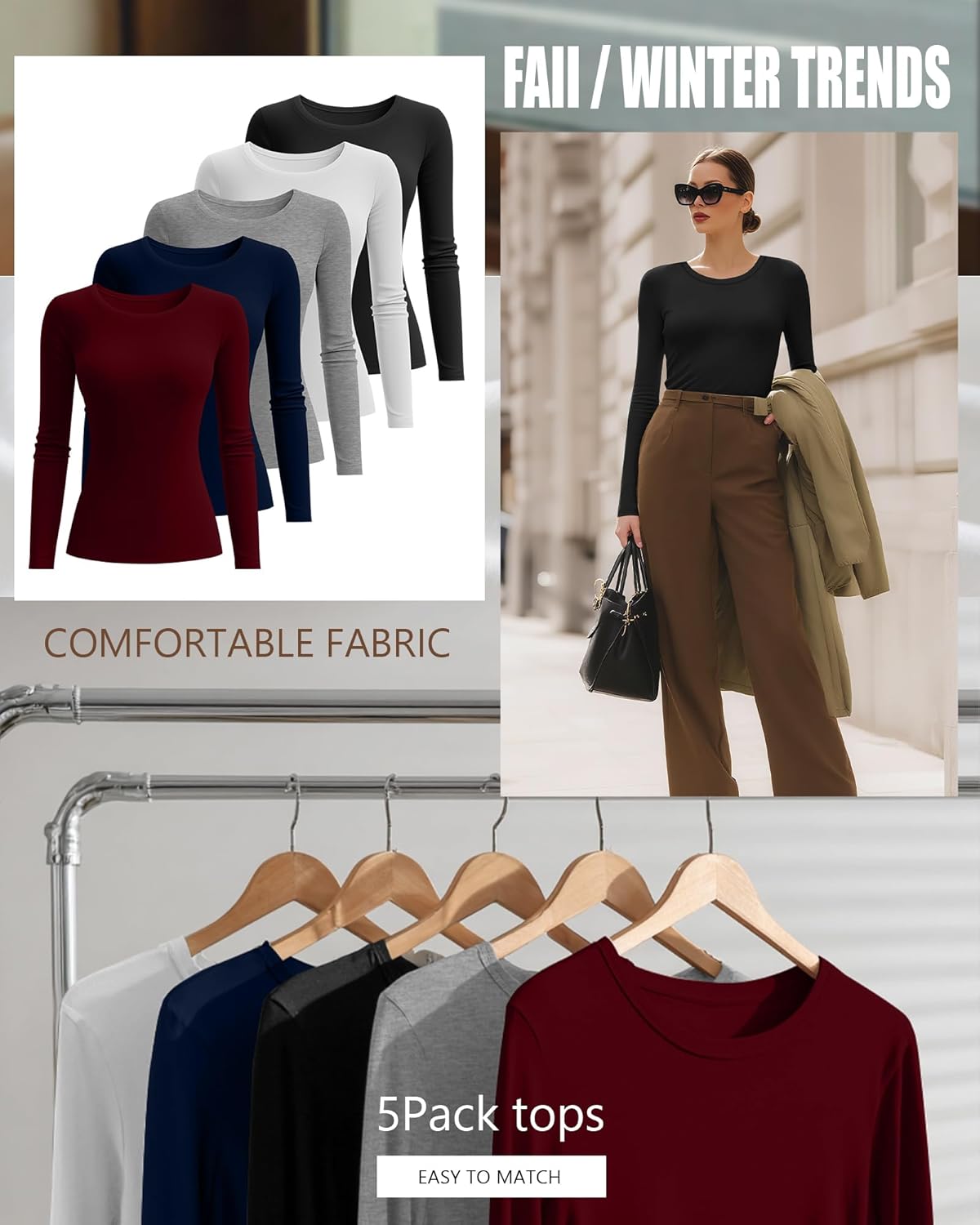 5 Pack Women's Long Sleeve Shirts Slim Fit Crew Neck Basic Tops Multipack Casual Layering Tee Undershirts - Image 5