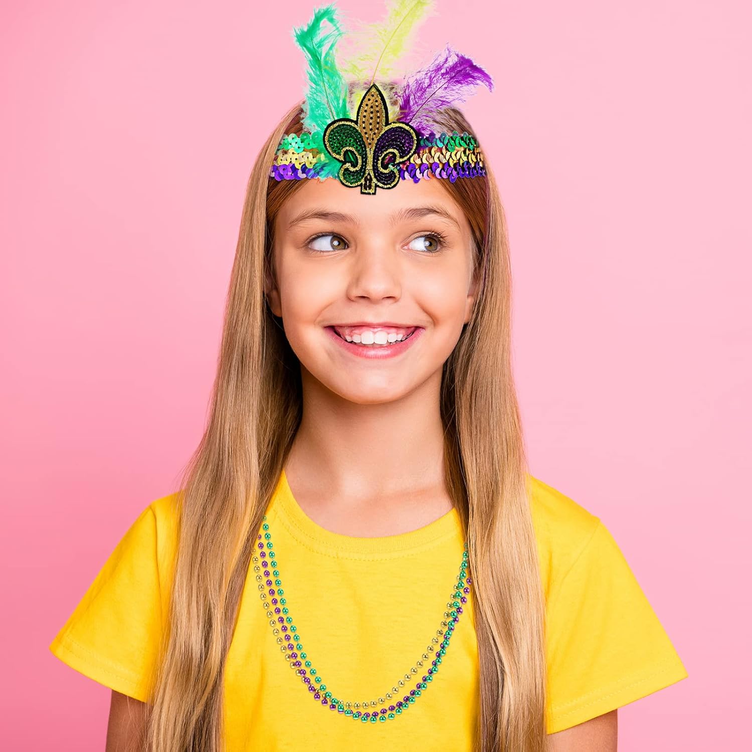 7 Pack Mardi Gras Costume for Kids - Outfit Accessories Set With Tutu Skirt, Beads, Feather Headband, Fishnet Gloves, Long Stockings - Girls Birthday Party Fancy Dress - Image 7