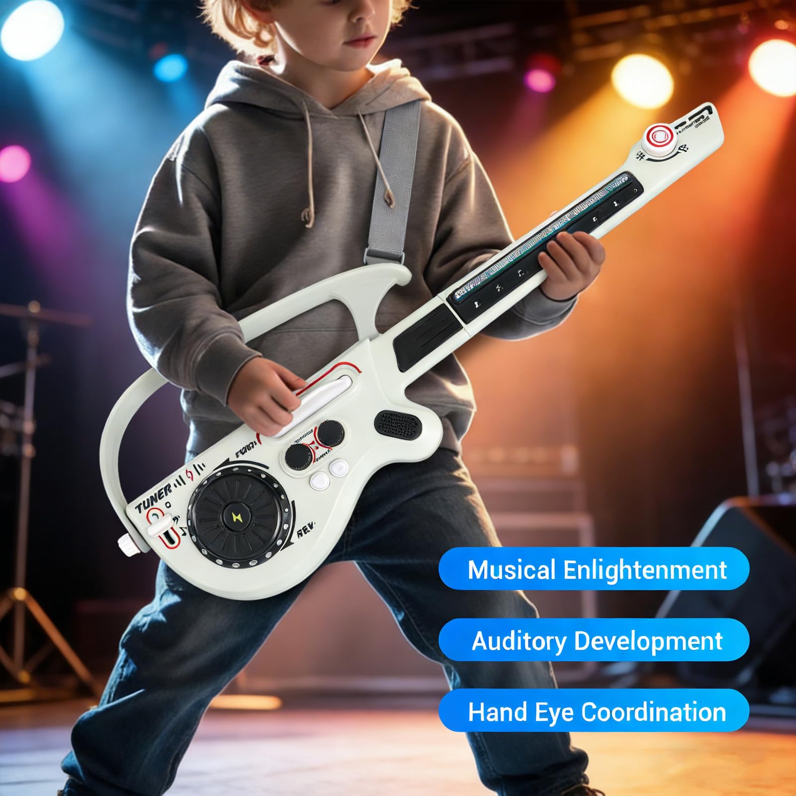 Chitarra Elettrica per Bambini, Strumento Musicale Pieghevole Senza Corde Dal Design Intelligente con Giradischi DJ Integrato, Luci LED Bluetooth per Bambini Dai 3 Anni in su (GREY)