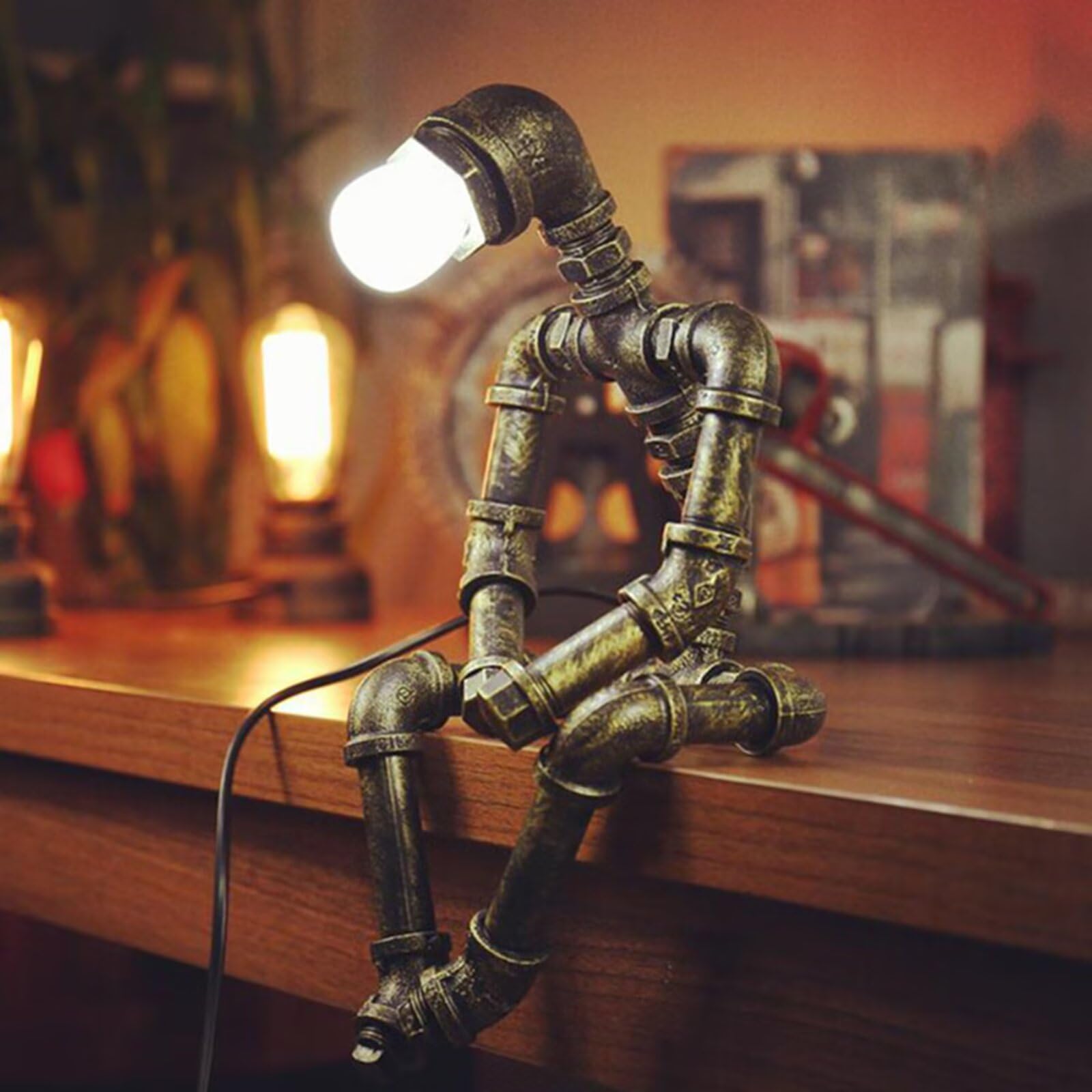 Afhrjnx ‎Bronze-Style A Steampunk Style Metal Pipe Lamp, Industrial Iron Robot Desk Lamp Cool Creative Robot Light For Nightstand Bar Cafe Room Decoration (Not Included Bulb)