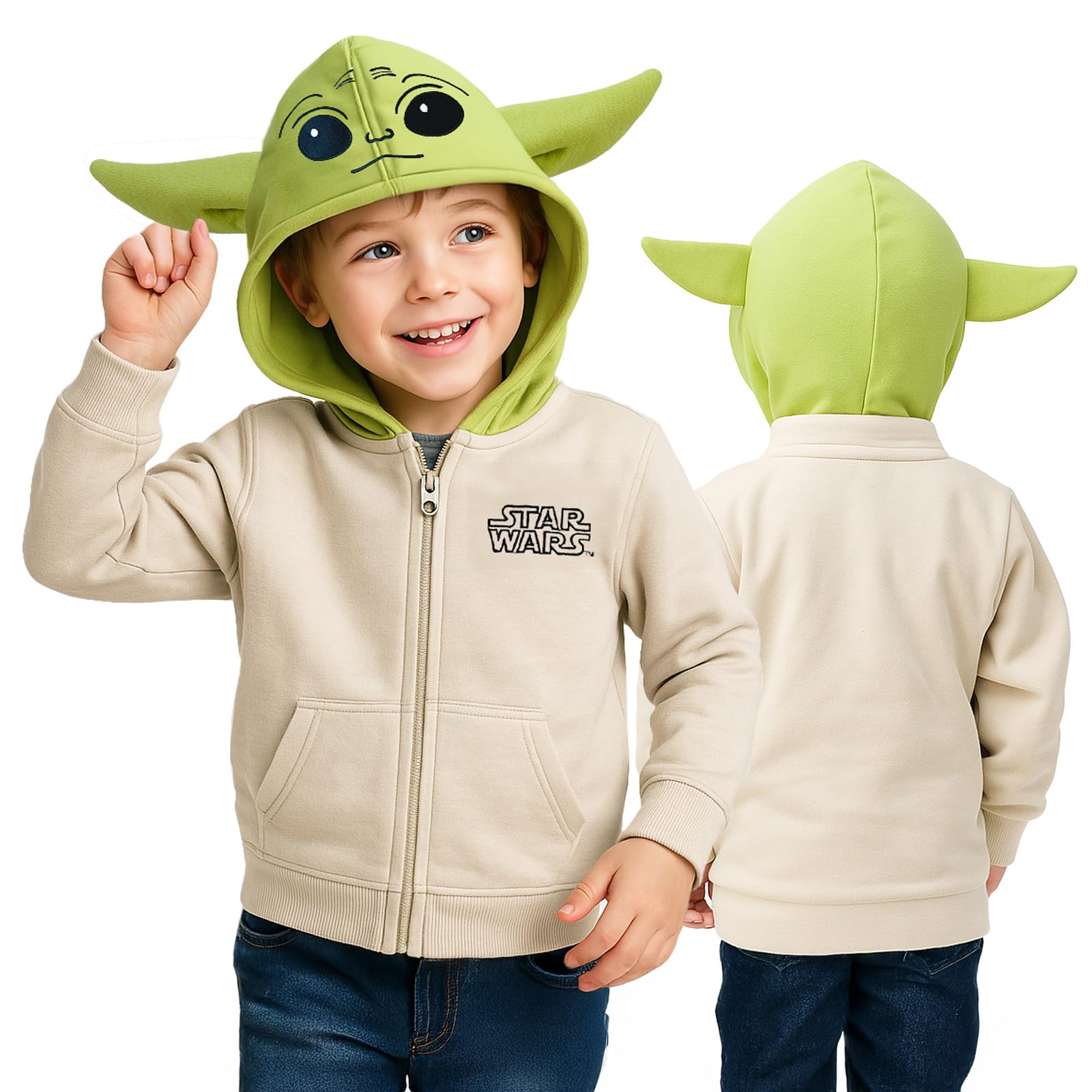 Star Wars Mandalorian Grogu Zip-Up Hoodie for Toddler Size – Adorable and Cozy Little Kids Jacket with Baby Yoda Face & Ear
