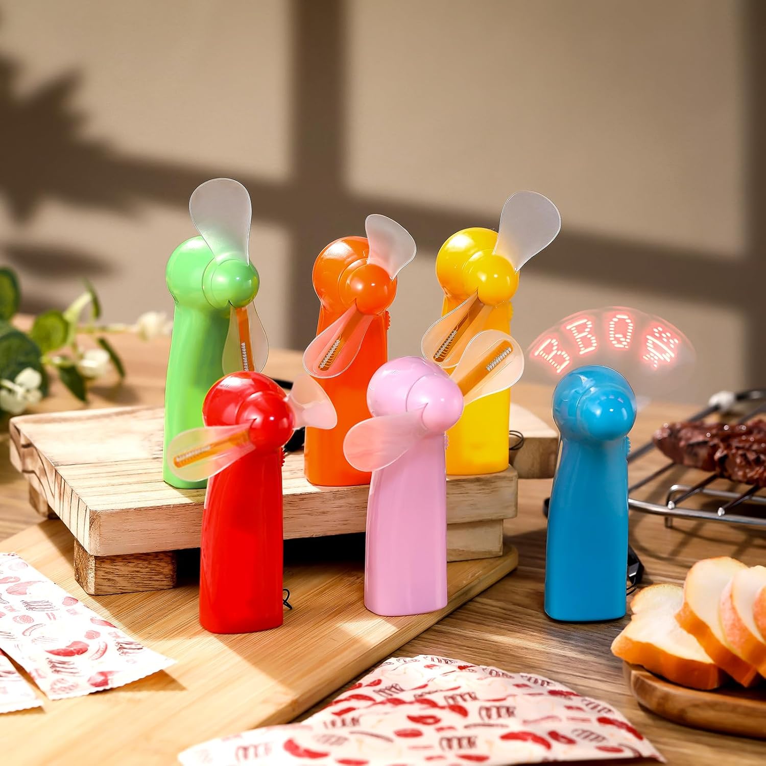Rossesay 12 Pcs Mini Fans Bulk BBQ Party Favors, BBQ LED Glow Light up Message Personal Handheld Battery Powerful Fans Summer Gift For travel Office Outdoor Ceremony