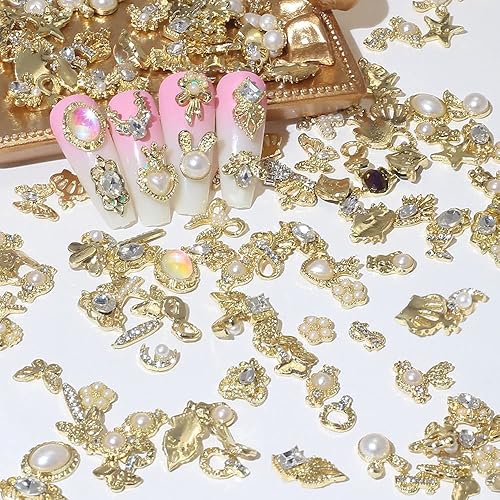 Miniatura 8 de Dornail 50 dijes dorados para uñas acrílicas, estilos mixtos, diamantes de imitación brillantes de aleación de perlas para uñas, flores, mariposa,