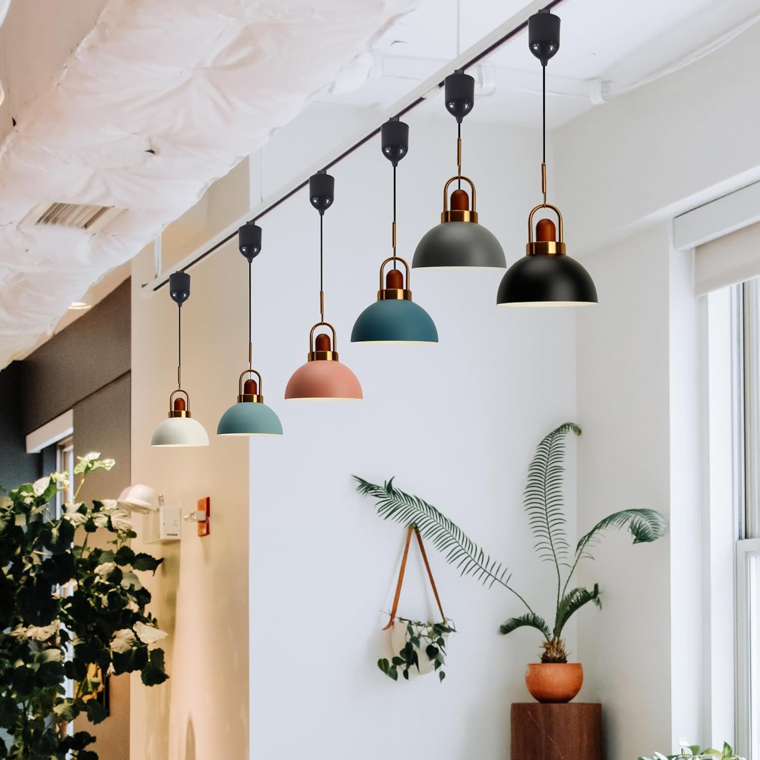 Wooden Iron Brass Handle Pendant Light Height-Adjustable H-Type Track Light 4 ft Cord Semicircle Macaron Sky Blue Remote Control with Dimmable E26 Bulbs Track Mount Pendant Lights,1 Light