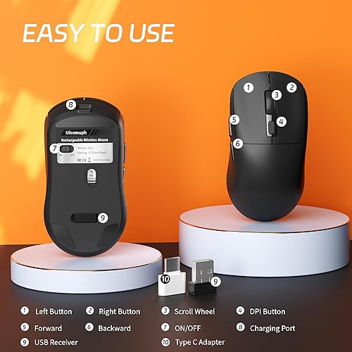 Miniatura 5 de Uiosmuph G01 - Mouse inalámbrico, mouse ergonómico recargable USB C, óptico de 2.4 GHz con receptor USB y adaptador tipo C para laptop, PC, Mac,