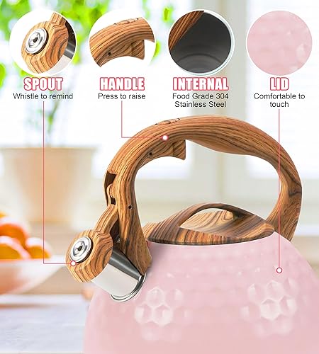 Miniatura 2 de Tetera silbante, hervidor de cocina de acero inoxidable de 3.2 cuartos de galón, tetera de grado alimenticio con mango de madera para café, leche,