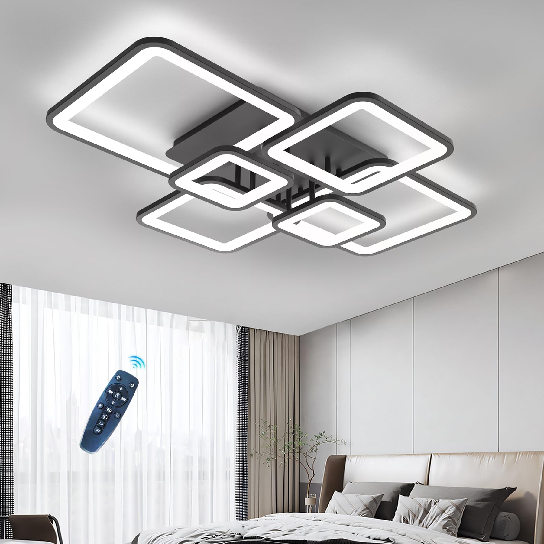 Square Ceiling Light Black Bedroom Chandelier Kids Bright LED Dimmable Ceiling Lamp With Remote Control Eye Care Night Light Memory White Living Room Ceiling Lantern With APP Smart Learning Lights