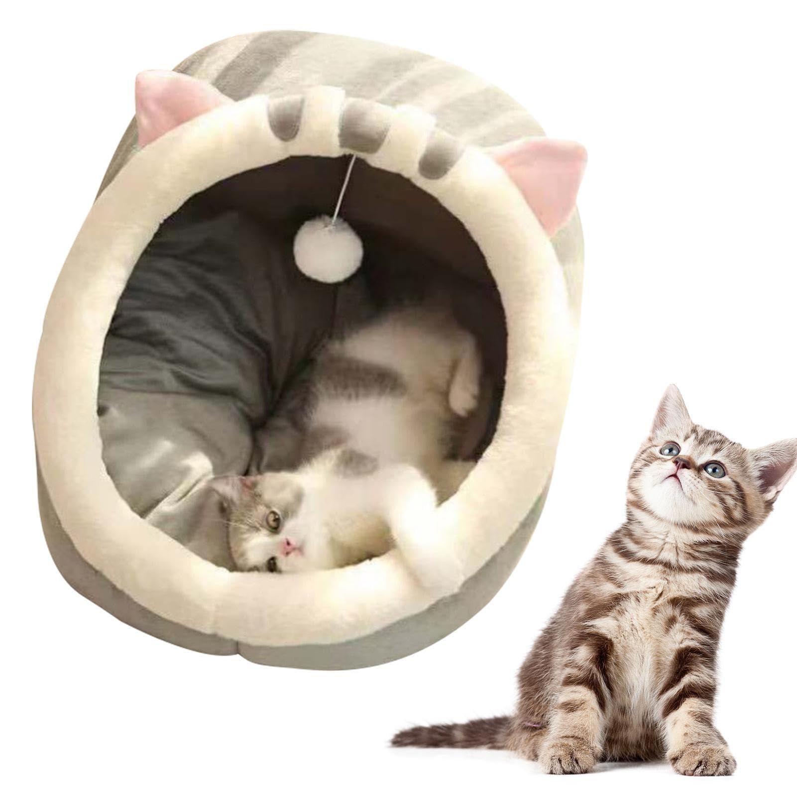 Niche pour Chat, Maisons pour Chats, Lit pour Chat Interieur, Lit De Grotte pour Chat, Lit pour Chat Chien, Nid de Chat Rond pour Animaux de Compagnie avec Jouet Suspendu et Coton pour Chiot Chaton