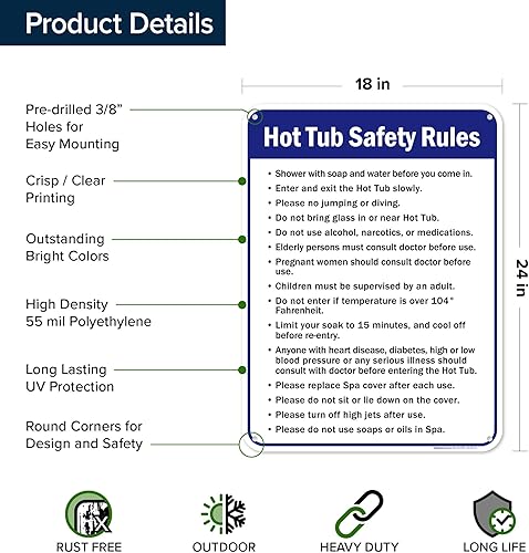 Vista 29 de Letrero de reglas de seguridad para bañera de hidromasaje, 10 x 14 pulgadas, libre de óxido, aluminio 040, resistente a la decoloración, fabricado