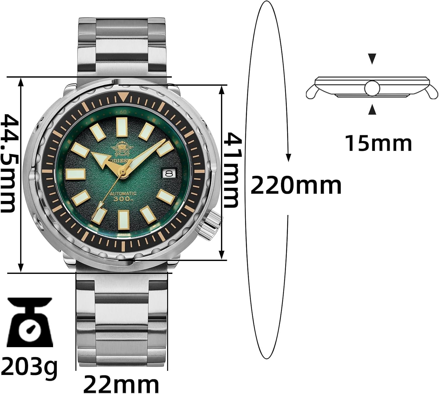ADDIESDIVE Dive Watches for Men 44.5 MM Automatic Wristwatch Waterproof 300 M Date Display Analog Luminescent Chromalight Dial My-H5