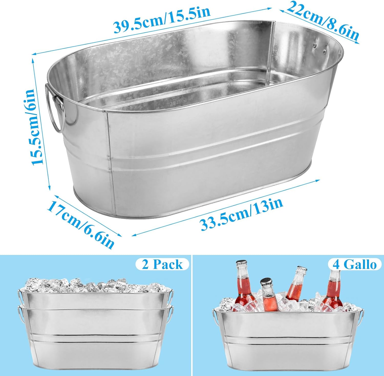 2 Pack Galvanized Tub 3.3 Gallon Ice Bucket with Handle Large Metal Champagne Drink Bucket Galvanized Ice Buckets for Parties Mimosa Bar Cocktail Bar