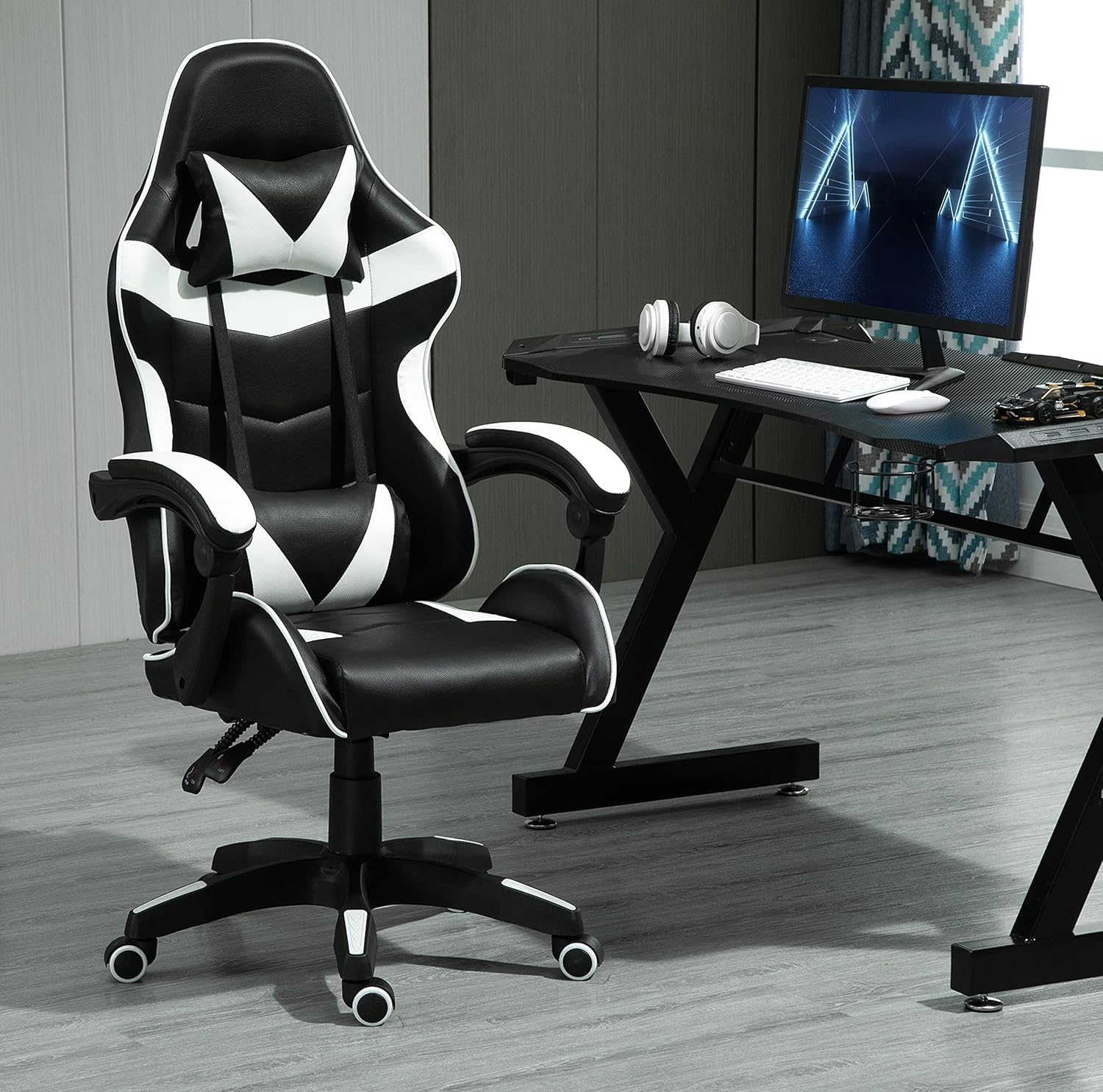 mcc direct Swivel Faux Leather Office Chair Racing Sports Gaming Tilt Computer Desk Chair with Headrest & Lumbar Cushion A - (White)